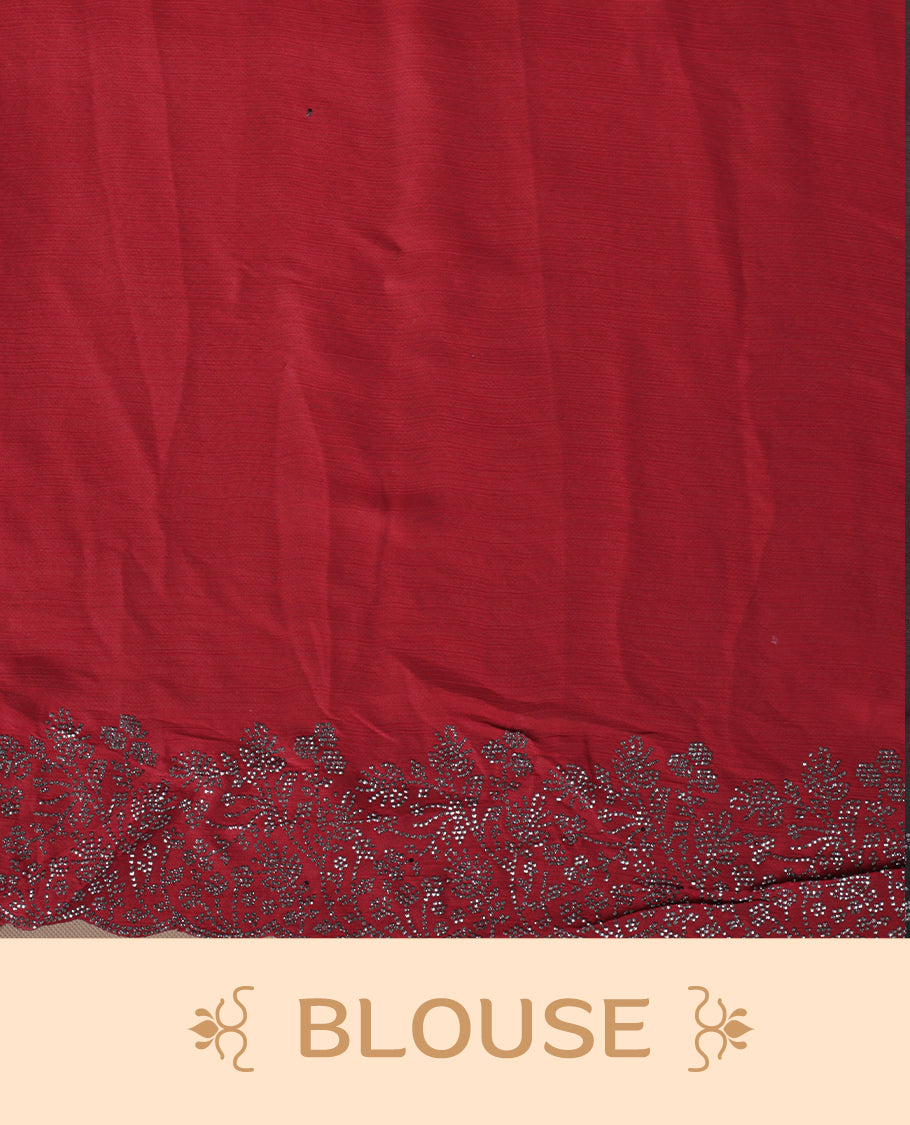 Red colour shimmer designer saree, featuring white scattered stone on body, stone work and heavy stone floral pattern on border and  pallu, Paired with matching blouse.