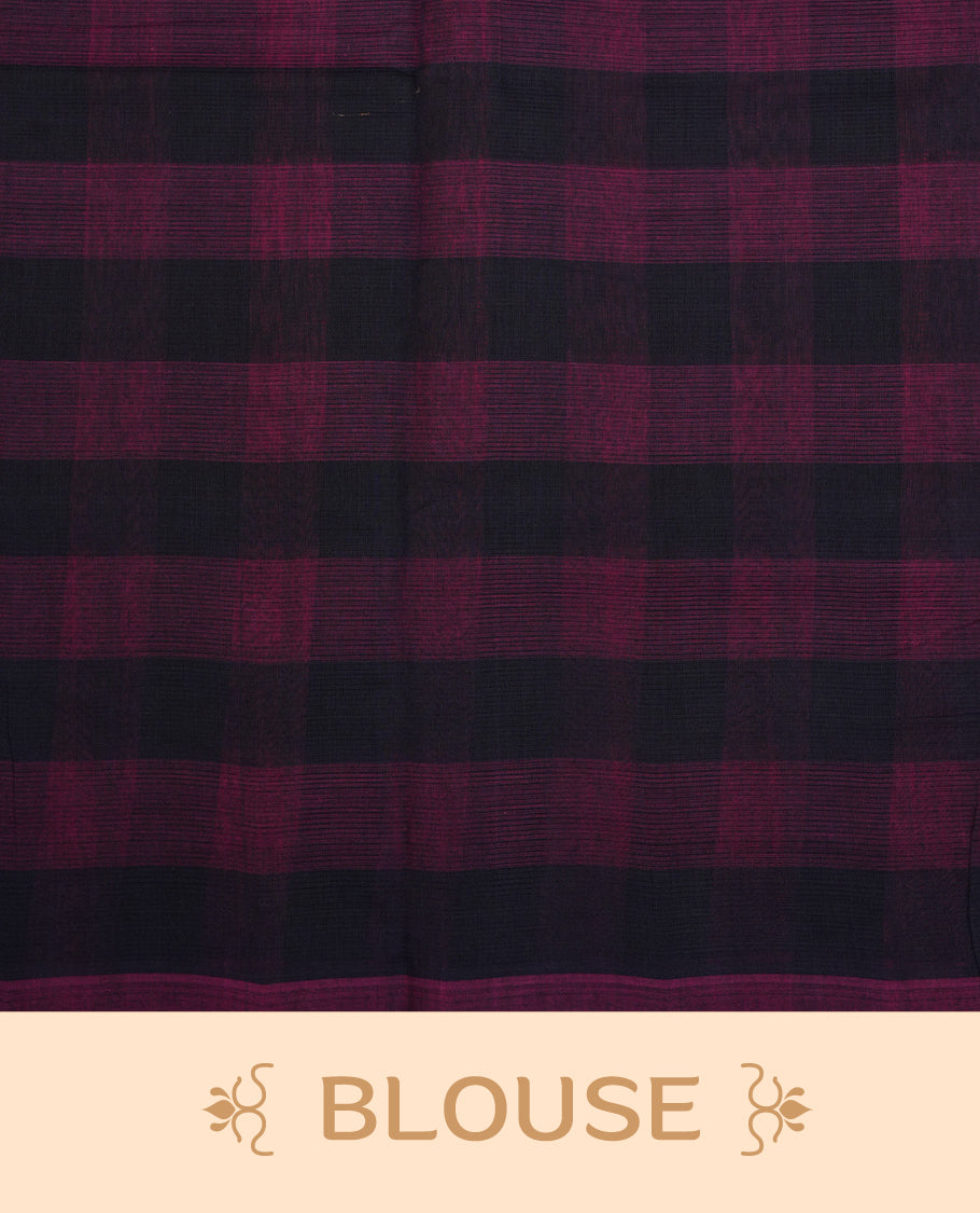 Navy Blue and Pink Colour checked Mangalagiri cotton saree Featuring  Self  Coloured Border ,With Striped  pallu, Paired With A matching blouse piece.