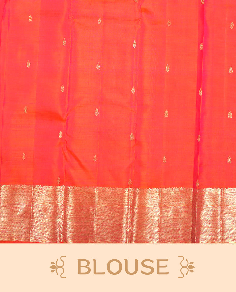 Orange colour Kanchipuram Samudrika Silk Saree featuring Square & bird pattern weaving with gold zari jacquard and a traditional zari border, paired with a matching designer jacquard blouse piece