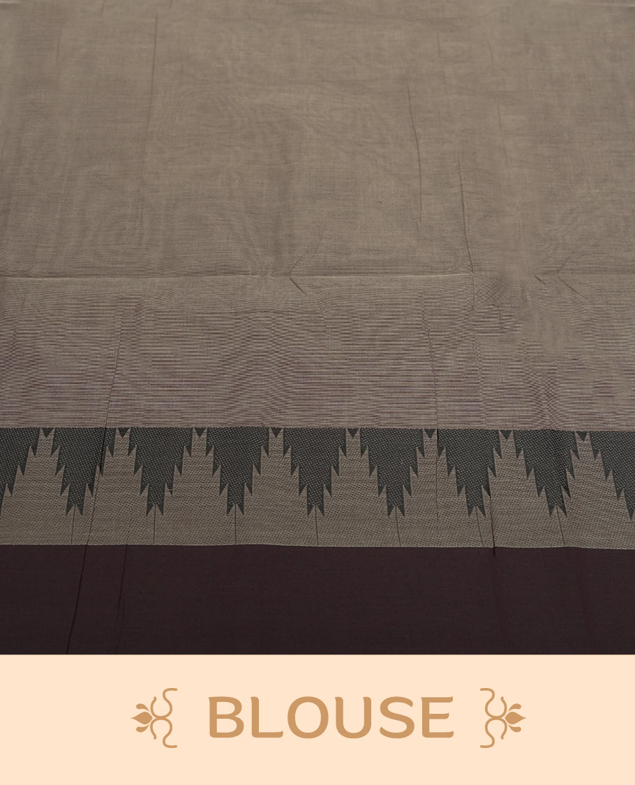 Black & Grey colour Chettinad cotton saree featuring subtle threadwork and bold black temple motifs on the border, woven in fine cotton for everyday elegance & Comes with a matching blouse piece for a traditional look.