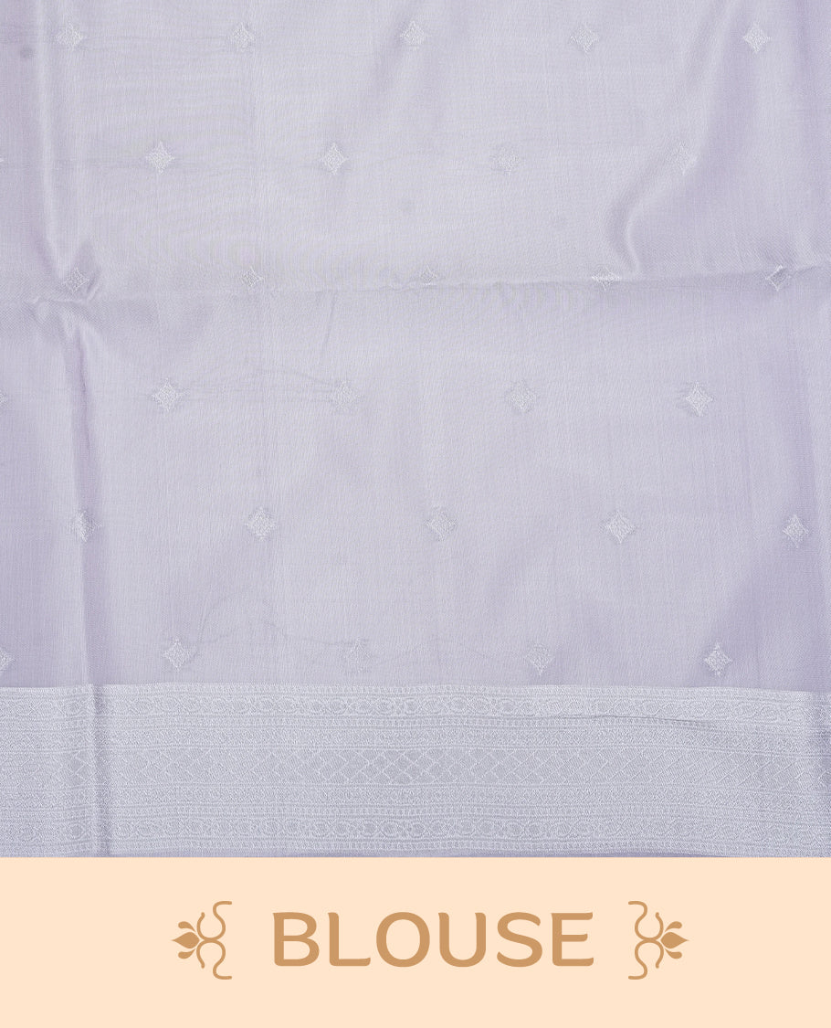 Sea green colour semi silk saree featuring Silver zari Design pattern on body, complemented by contrast Lavender colour with silver zari border, comes with matching blouse piece