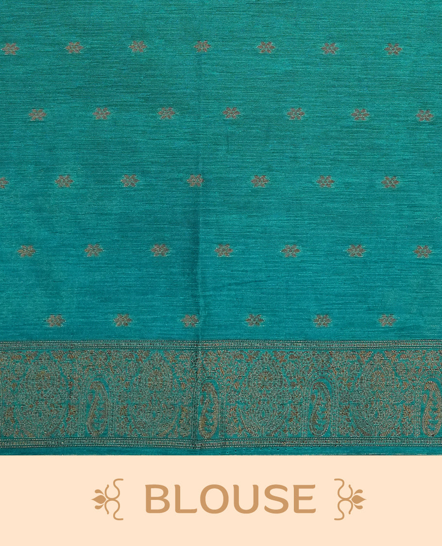 Navy blue colour semi linen saree with elegant gold zari leaf motifs across the body, complemented by a contrast peacock green pallu and a borderless design, paired with a matching blouse piece.