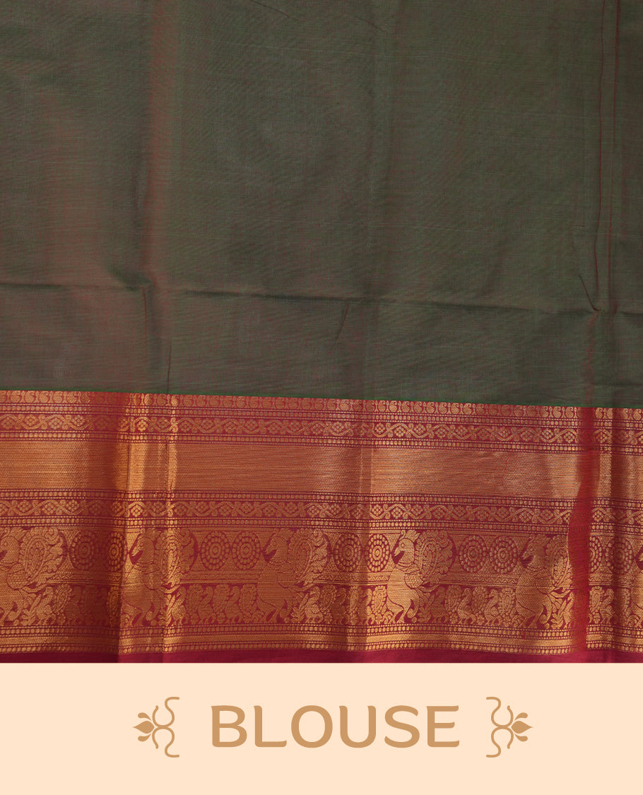 Green & red double shade colour chettinad saree featuring gold zari stripes on body, complemented by contrast Red colour with traditional border, paired with matching blouse piece.