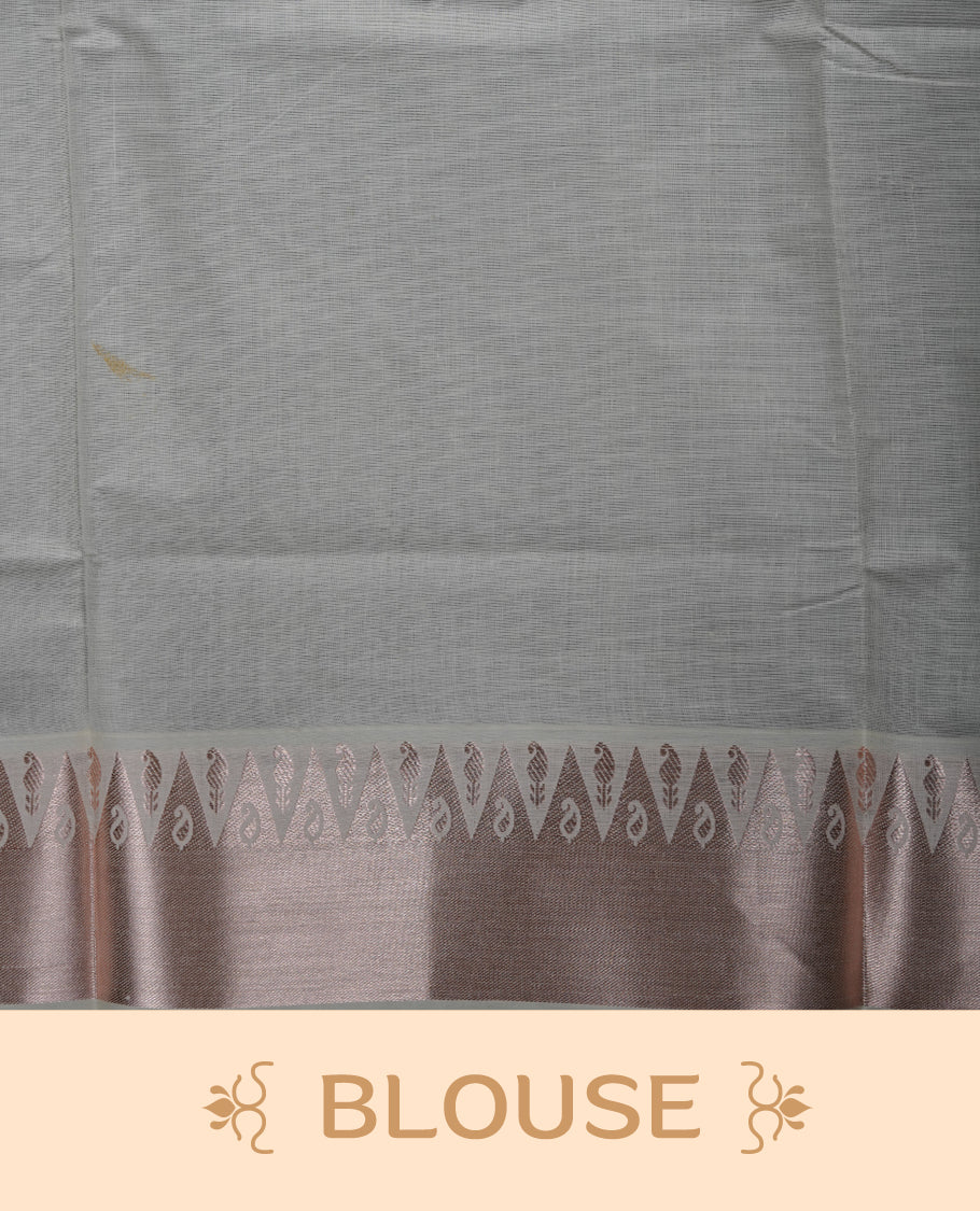 Off white colour cotton Kerala saree featuring subtle woven motifs, complemented by a soft rose gold zari border and rich traditional pallu, paired with a matching blouse.