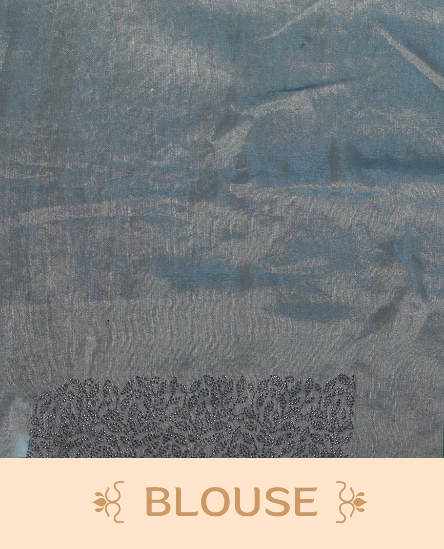 Light blue colour velvet chiffon designer saree, featuring self colour thread embroidery kodi work on body, stone work and all over motifs on border and  pallu, Paired with matching blouse.