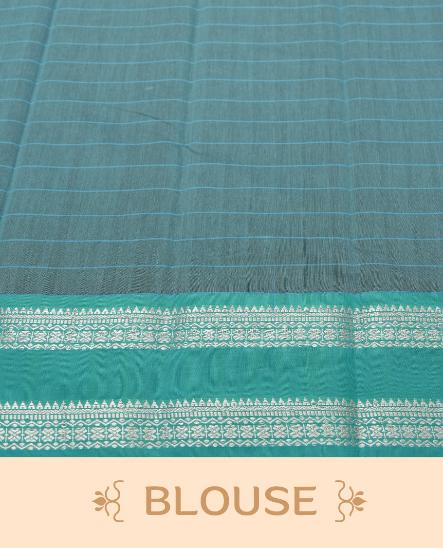 Olive Green Silk Cotton Saree with Silver Butta Body, Accented by Teal and Silver Zari Geometric Border on Teal Pallu, Paired with Matching Blouse Piece