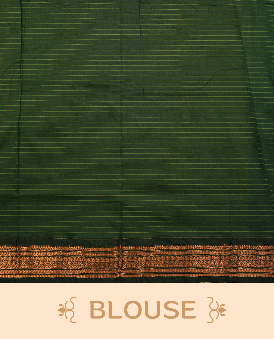 Mustard yellow coloured mixed Kalyani cotton saree featuring copper zari checks on the body, complemented by a dark green coloured border and pallu adorned with copper zari patterns, Paired with a matching blouse.