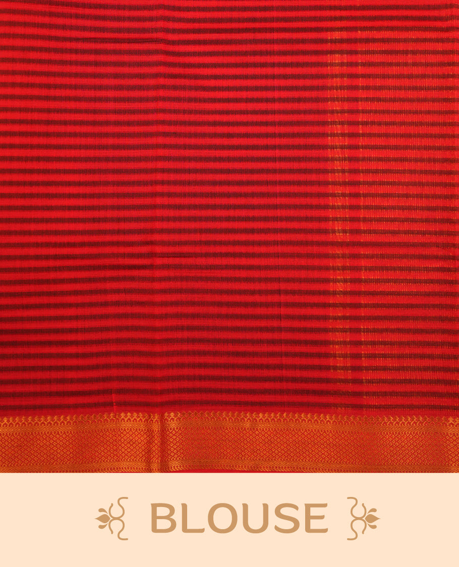Red  Mangalagiri cotton saree featuring elegant Black stripes On Body , a Two Inch Gold  zari border & pallu, Paired With a matching blouse piece.