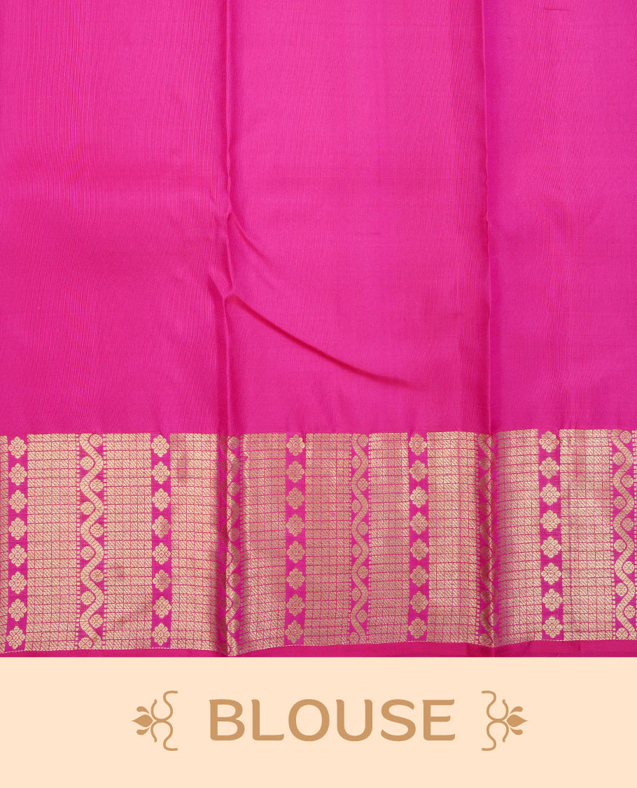 Magenta colour Pure wedding silk saree featuring gold zari check with small buttas on body, complemented vy self colour with traditional border, comes with matching blouse piece.