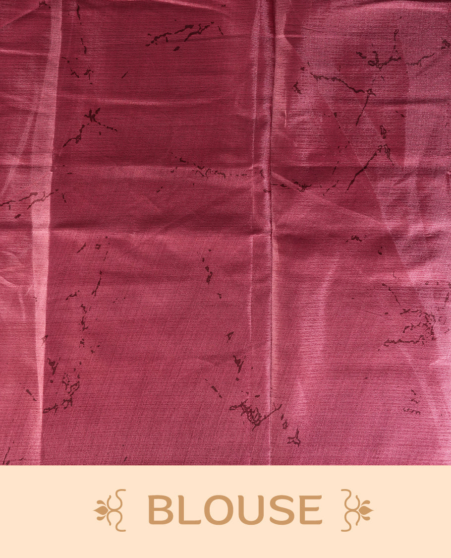 Dark onion pink colour saree with striking off white, black floral patterns, merging modern minimalism with timeless charm & paired with a matching blouse.