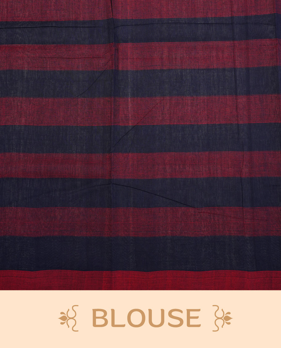 Navy Blue and Pink checked Mangalagiri cotton saree Featuring Self Coloured Border ,With Striped  pallu, Paired With A matching blouse piece.