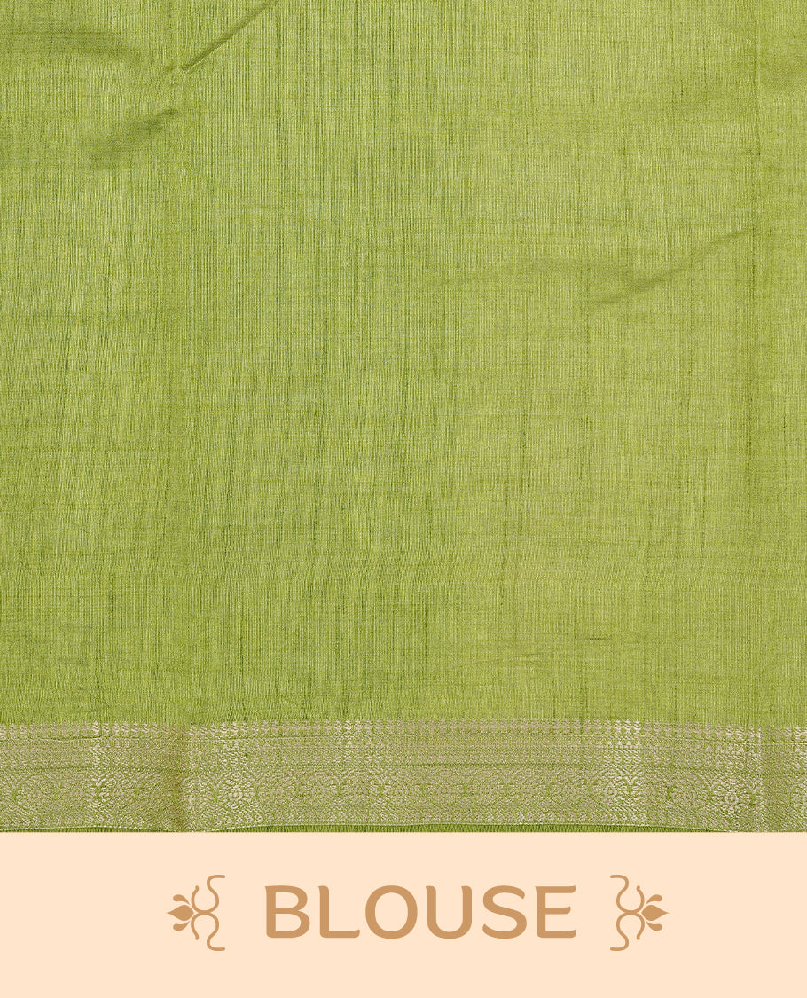 Cream colour Tussar silk saree Featuring Elegant Plain body, complemented by Contrast Light green colour with gold zari border, paired with matching blouse piece.