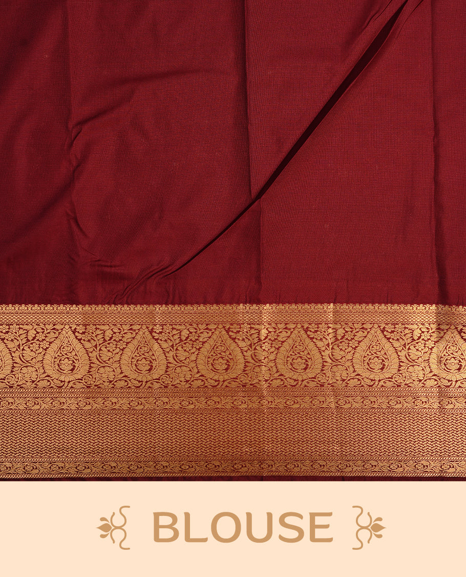 Chocolate colour semi wedding saree featuring gold zari pattern stripes on body, self colour with traditional border, paired with matching blouse piece.