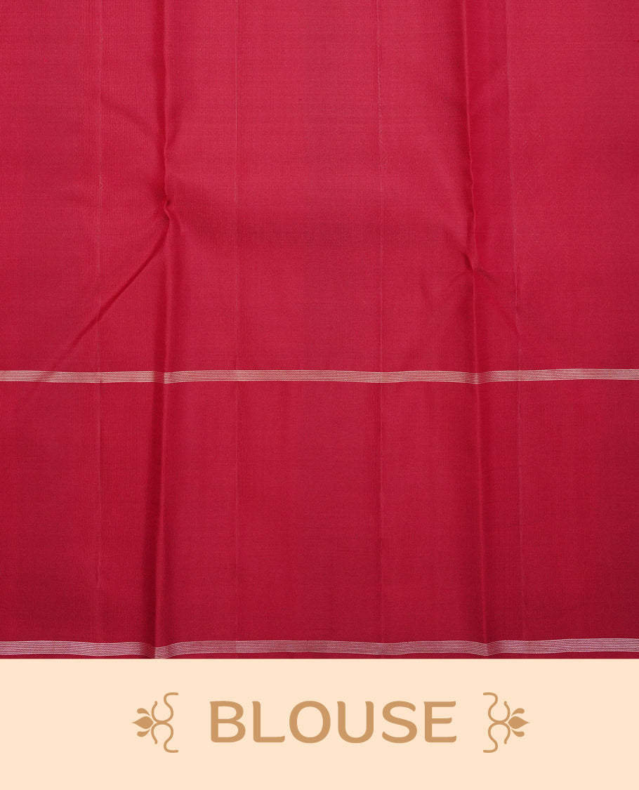 Mustard colour traditional kancheepuram silk saree featuring Golf zari check with peacock buttas on body, complemented by contrast Maroon colour with simple zari border, comes with matching blouse piece.