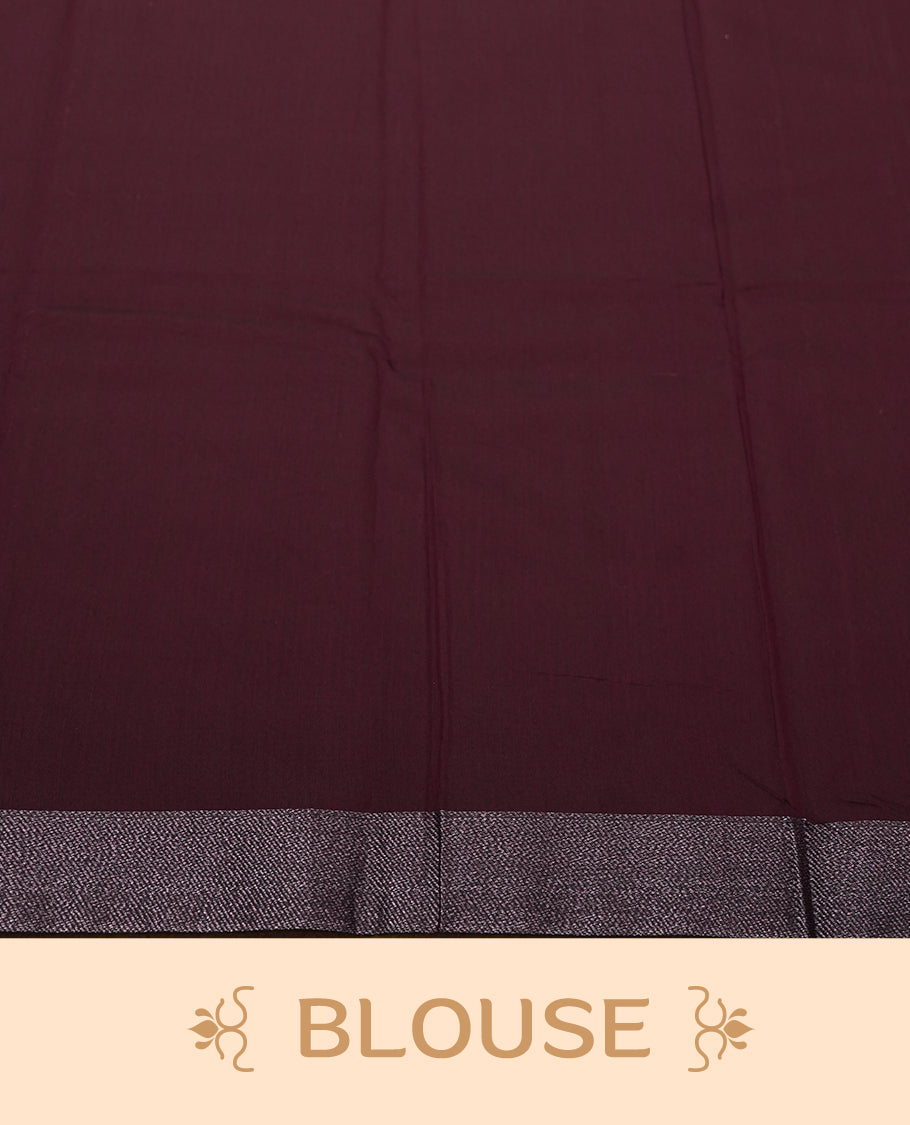 Dark Purple Colour Silk Cotton Saree with Dark Silver Floral Butta Body, Contrasting Dark Silver Zari Pallu & Border, Floral Vine Motifs, and Matching Plain Woven Blouse Piece