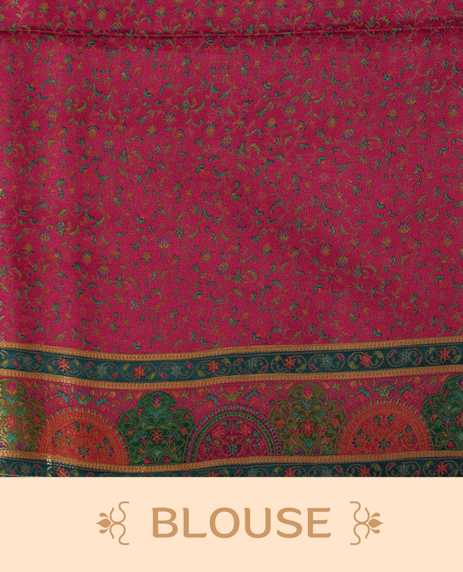 Ivory colour Pashmina silk saree featuring a sleek plain body, accentuated with an opulent multicolour paisley and floral panelled border and grand pallu, paired with a contrasting magenta woven jaal blouse piece.