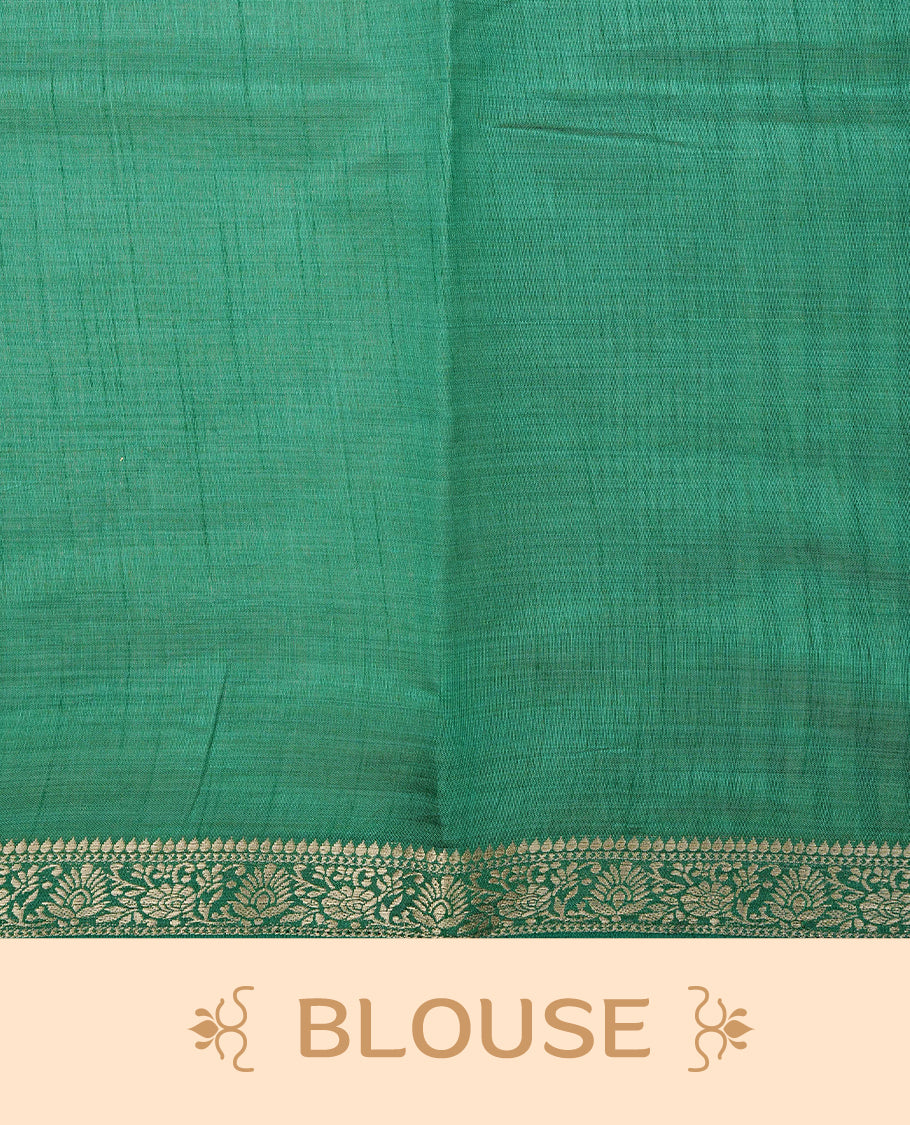 Light gold Colour Tussar saree featuring elegant plain body, complemented by contrast green colour with zari work border, comes with matching blouse piece.