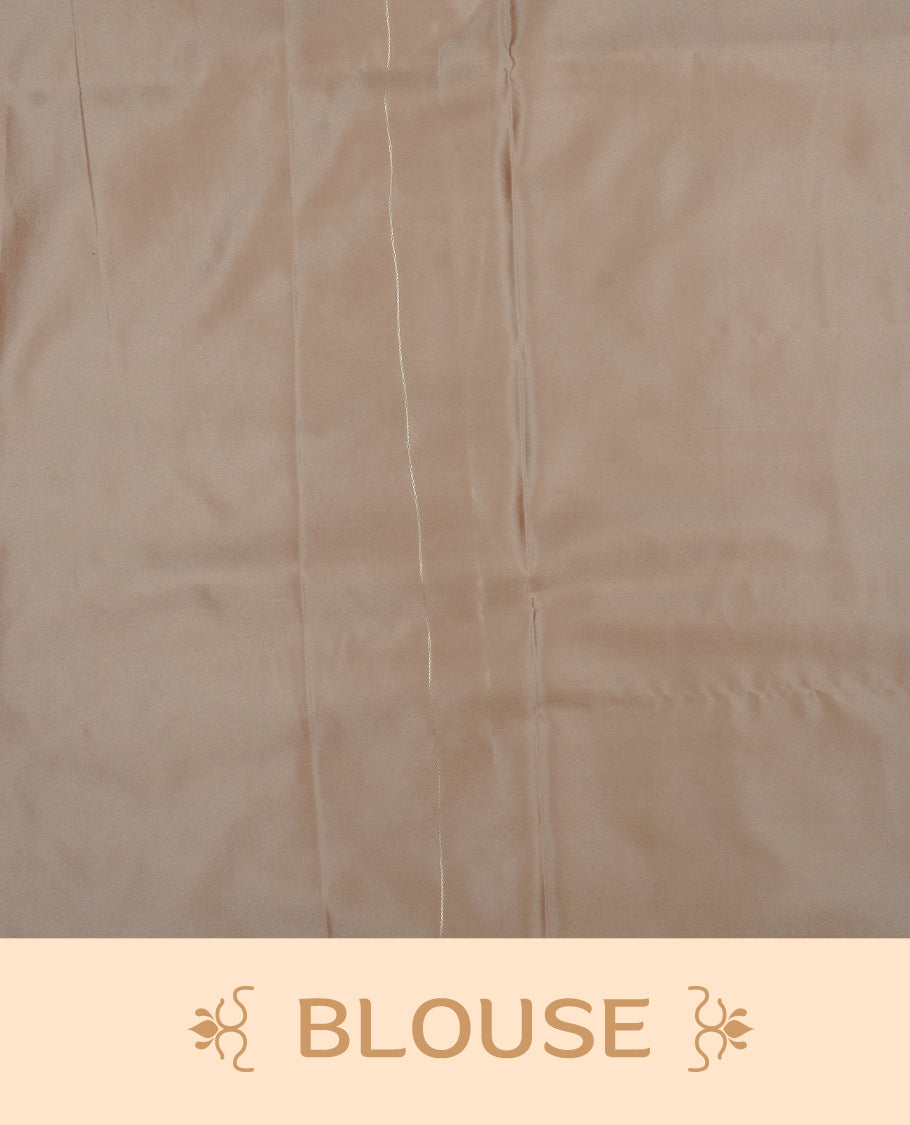 Muted Beige gold colour Mulberry silk saree featuring light gold small buttas & big motifs onbody, complemented by self colour with Light gold zari floral Border, comes with matching blouse piece.