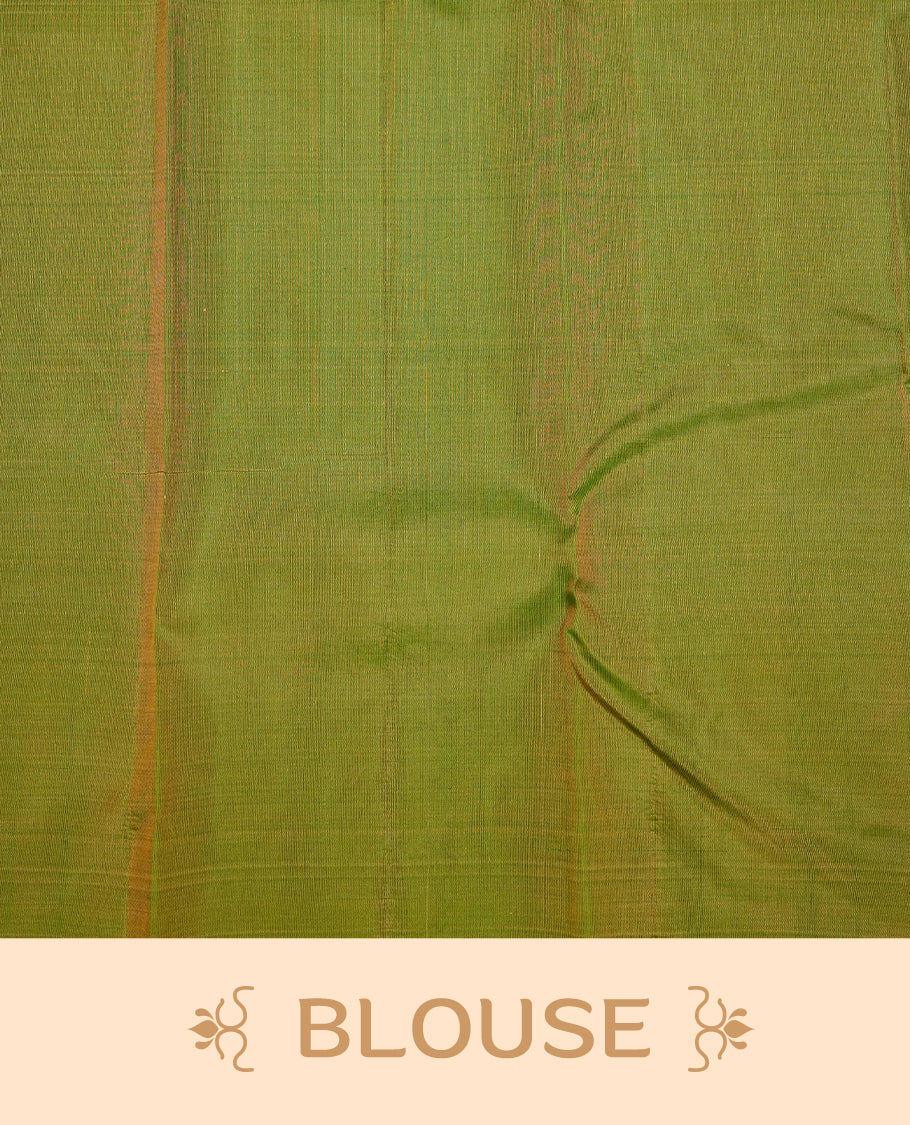 Mustard Colour Traditional Kancheepuram Silk Saree Featuring Bronze Zari Triangle Motifs on the Body, Designed With a Green Border and with a Grand Pallu, Paired with a Matching Blouse.