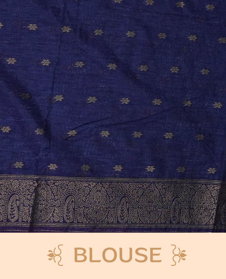 Red colour semi silk saree featuring Gold zari Leaf pattern on body, complemented by contrast  navy colour with Gold zari border, comes with matching blouse piece.