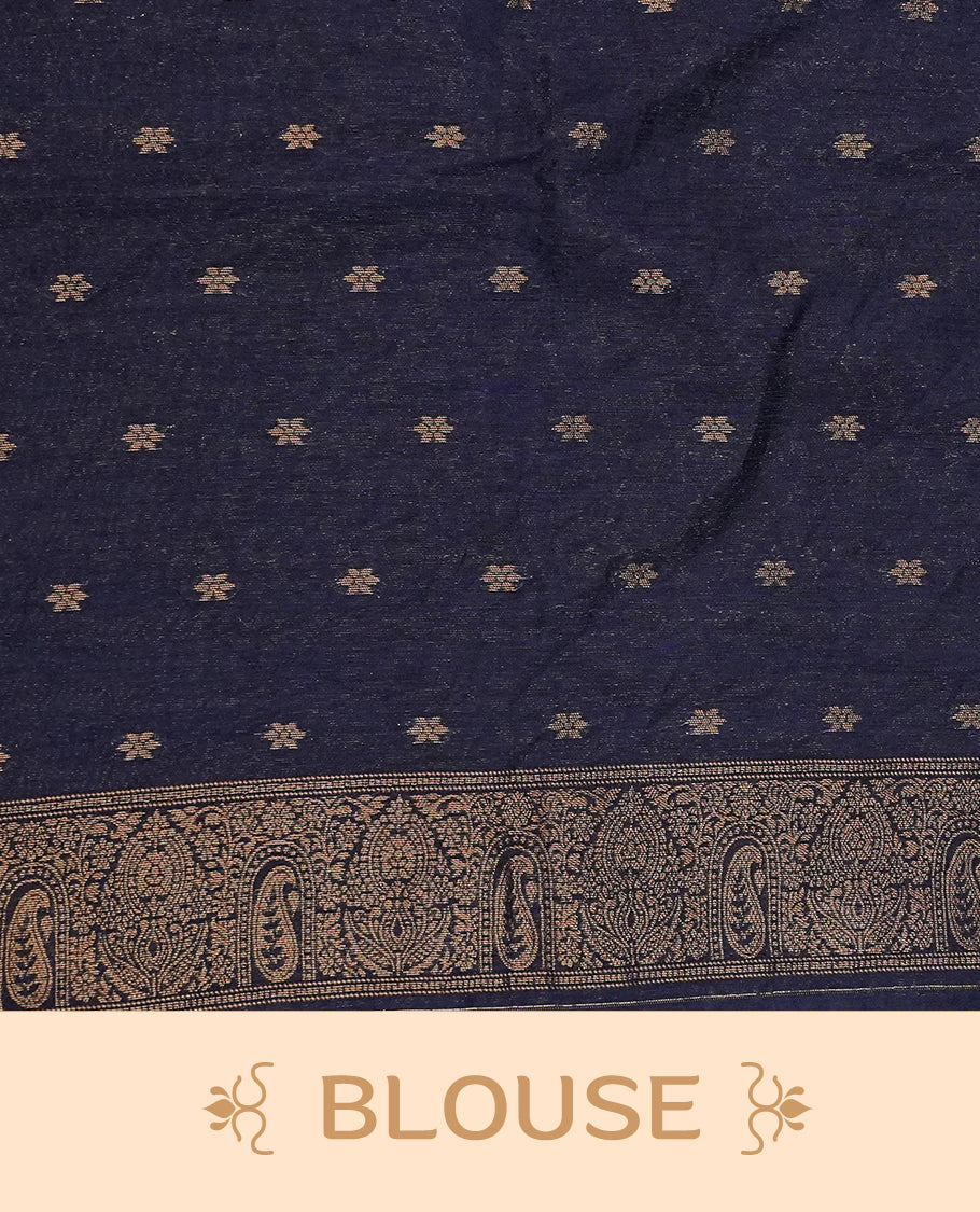 Navy blue colour semi linen saree with elegant gold zari Leaf motifs across the body, complemented by a contrast colour with grand gold zari pallu and a borderless design, paired with a matching blouse piece.