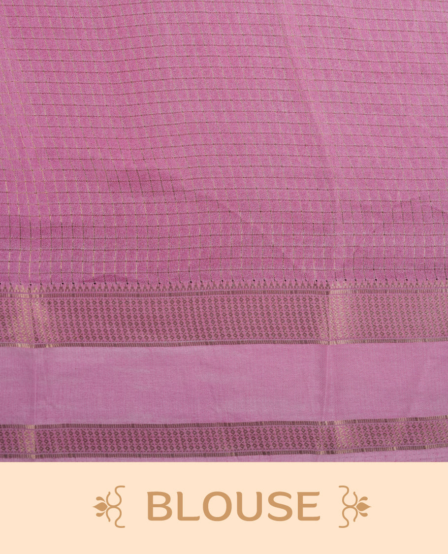 Red colour saree featuring fine check patterns on the body, paired with contrast pink colour zari woven border and pallu. Comes with a matching blouse piece