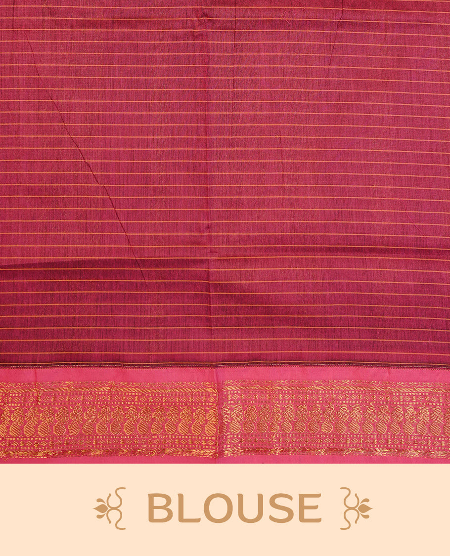 Navy Blue colour Kalyani cotton saree featuring Gold zari check pattern on body, complemented by Contrast Purple colour with grand gold zari border & pallu, matching blouse piece