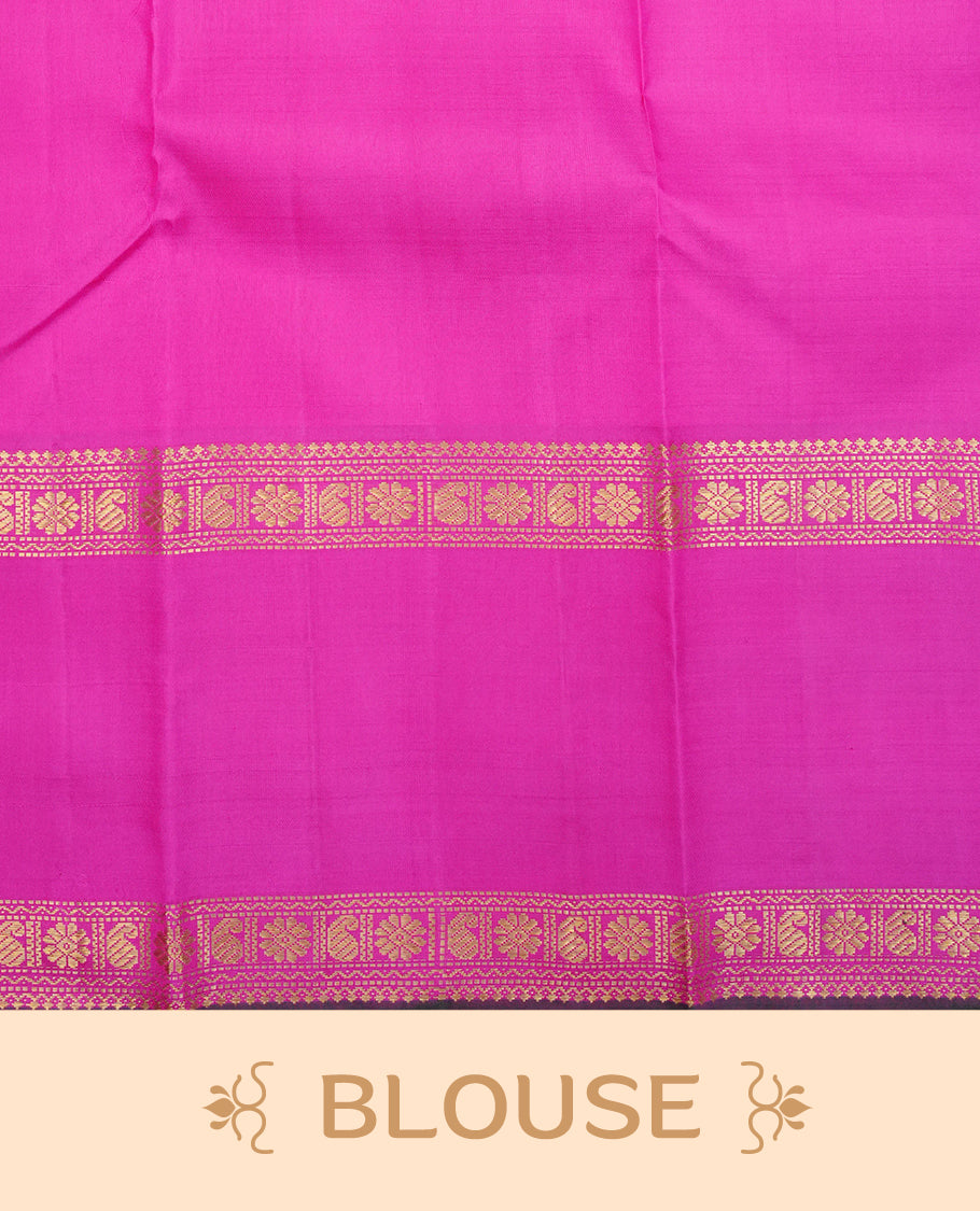 Orange colour traditional kancheepuram silk saree featuring Plain body, complemented by Magenta & Olive Double colour border, comes with matching blouse piece