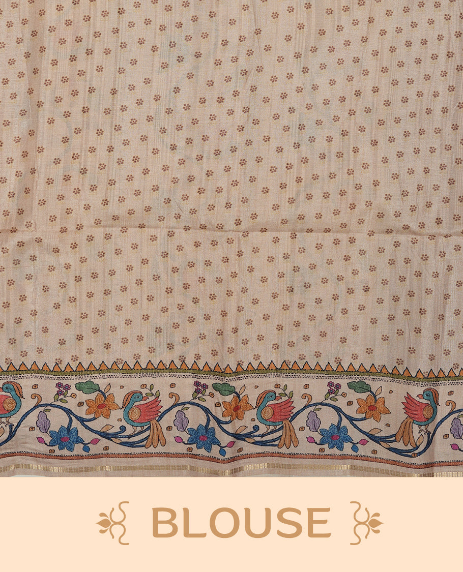 Maroon colour semi tusser silk saree featuring gold zari check pattern with floral butti motifs, with contrast floral kodi & bird pattern and paired with matching blouse.