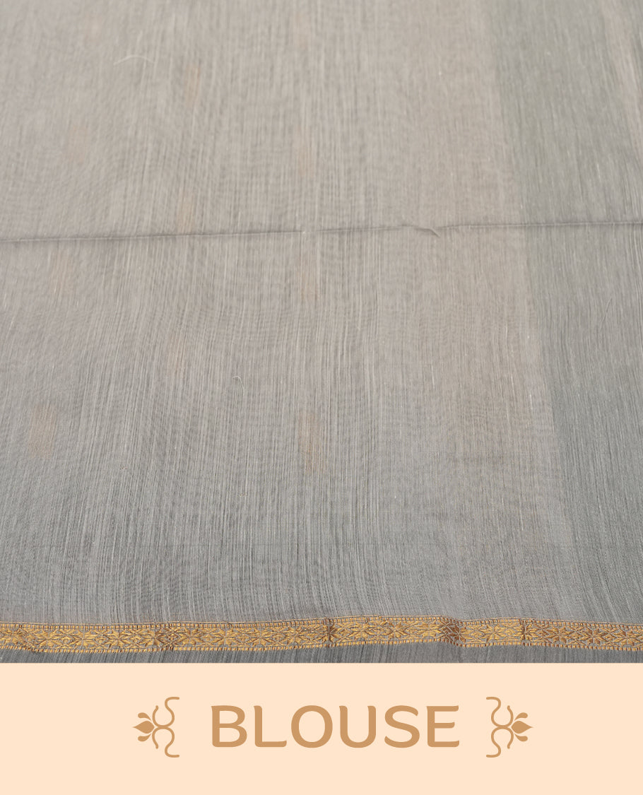 Deep Emerald Green and Silver Grey colour Silk Cotton Saree with Tiny Gold Zari Star Buttas on the Body, Slim Floral Zari Borders, Broad Silver Tissue Panel across the Pallu with subtle stripes, and a Plain Silver Grey Blouse with Matching Border