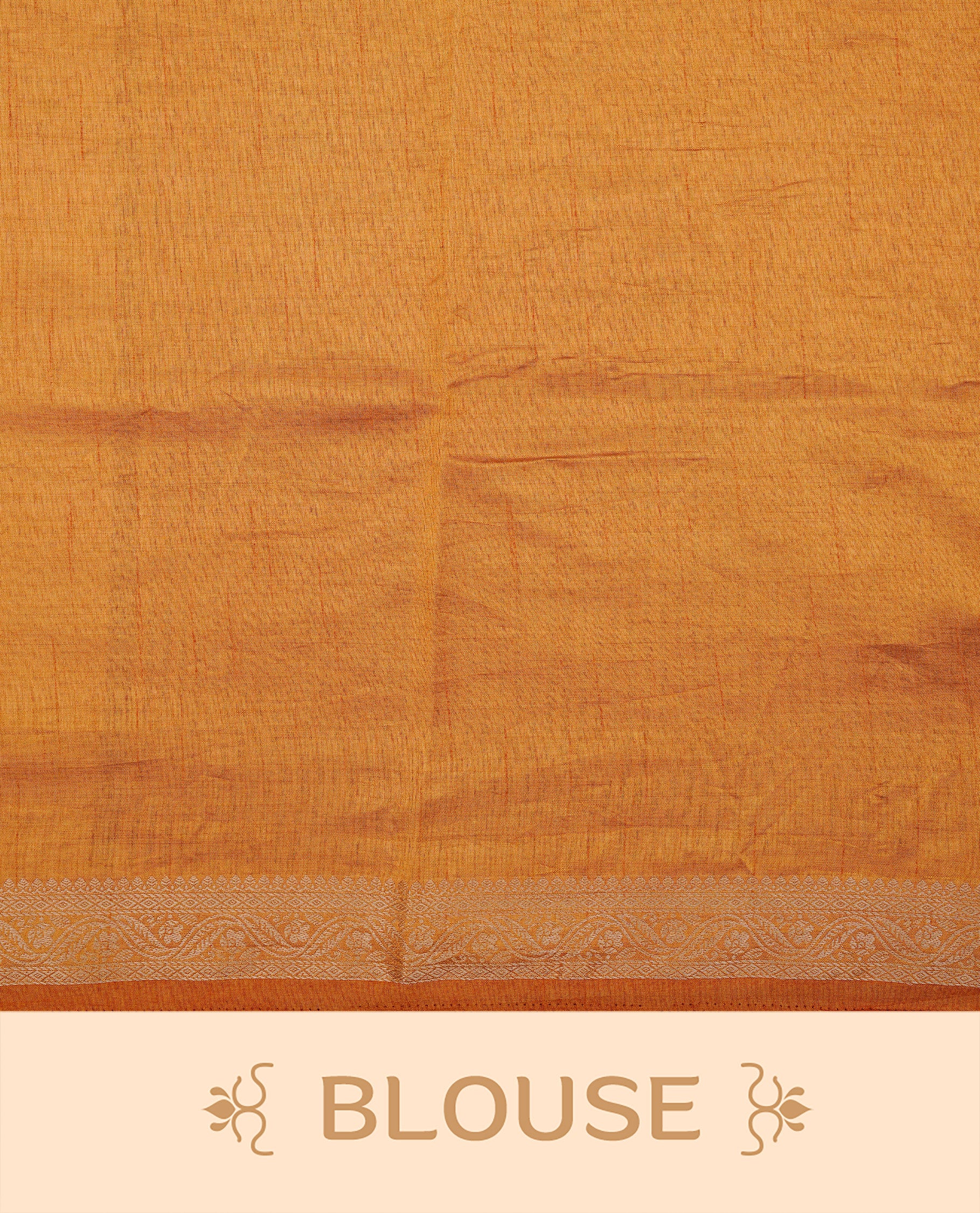 Cream colour Semi Tussar silk saree featuring an elegant plain body, accentuated by a contrast Mustard border adorned with intricate gold floral kodi zari work, paired with a matching blouse piece.