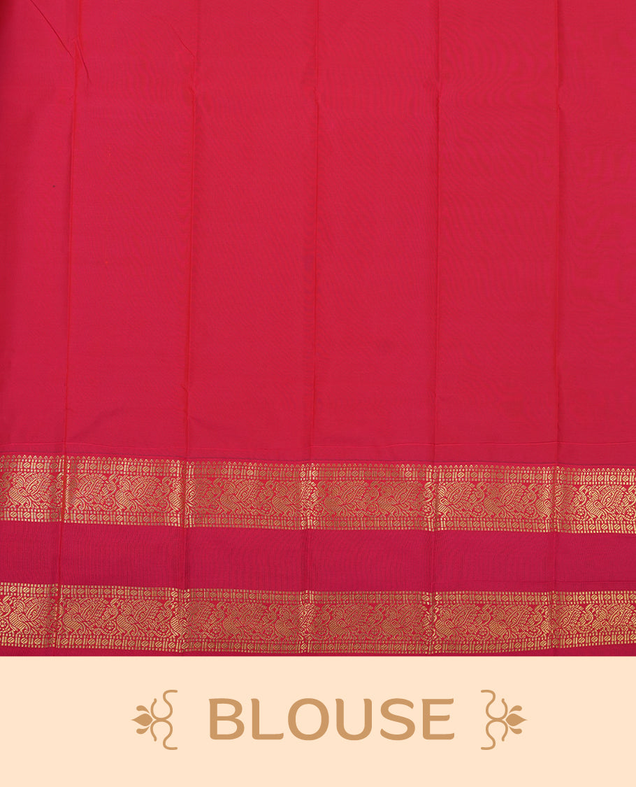 Lime green colour Semi Silk Saree with gold zari striped patterns on the body, paired with a contrasrich maroon traditional pallu and border, and a matching blouse piece.