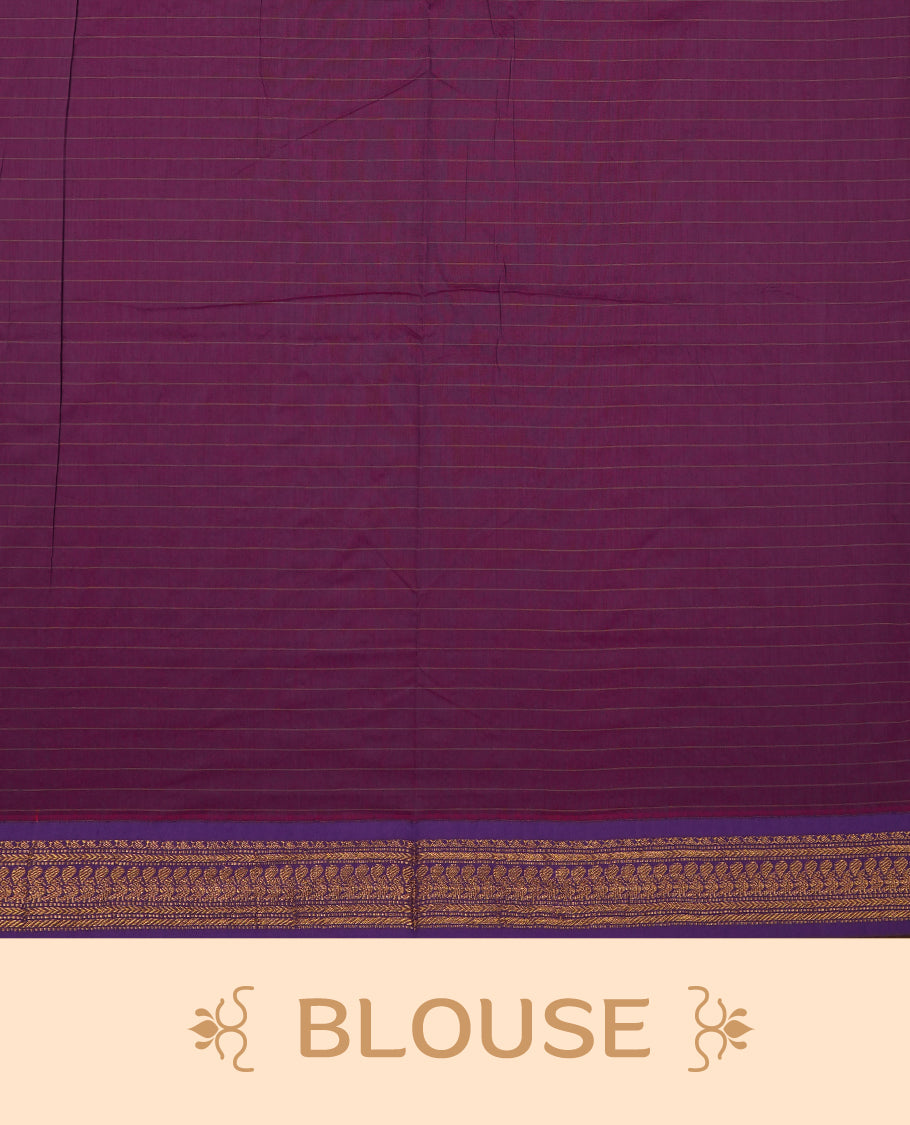 bright pink coloured mixed Kalyani cotton saree featuring golden zari checks on the body, complemented by a Dark Purple coloured border and pallu adorned with golden zari patterns, Paired with a matching blouse.