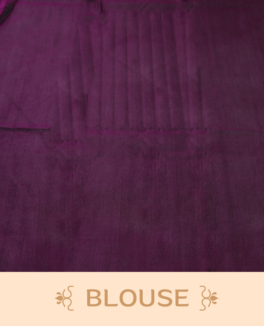 Black colour pure Handloom cotton saree featuring delicate rose gold zari stripes and motifs, paired with a rich purple border, perfect for graceful occasions & Comes with matching blouse.