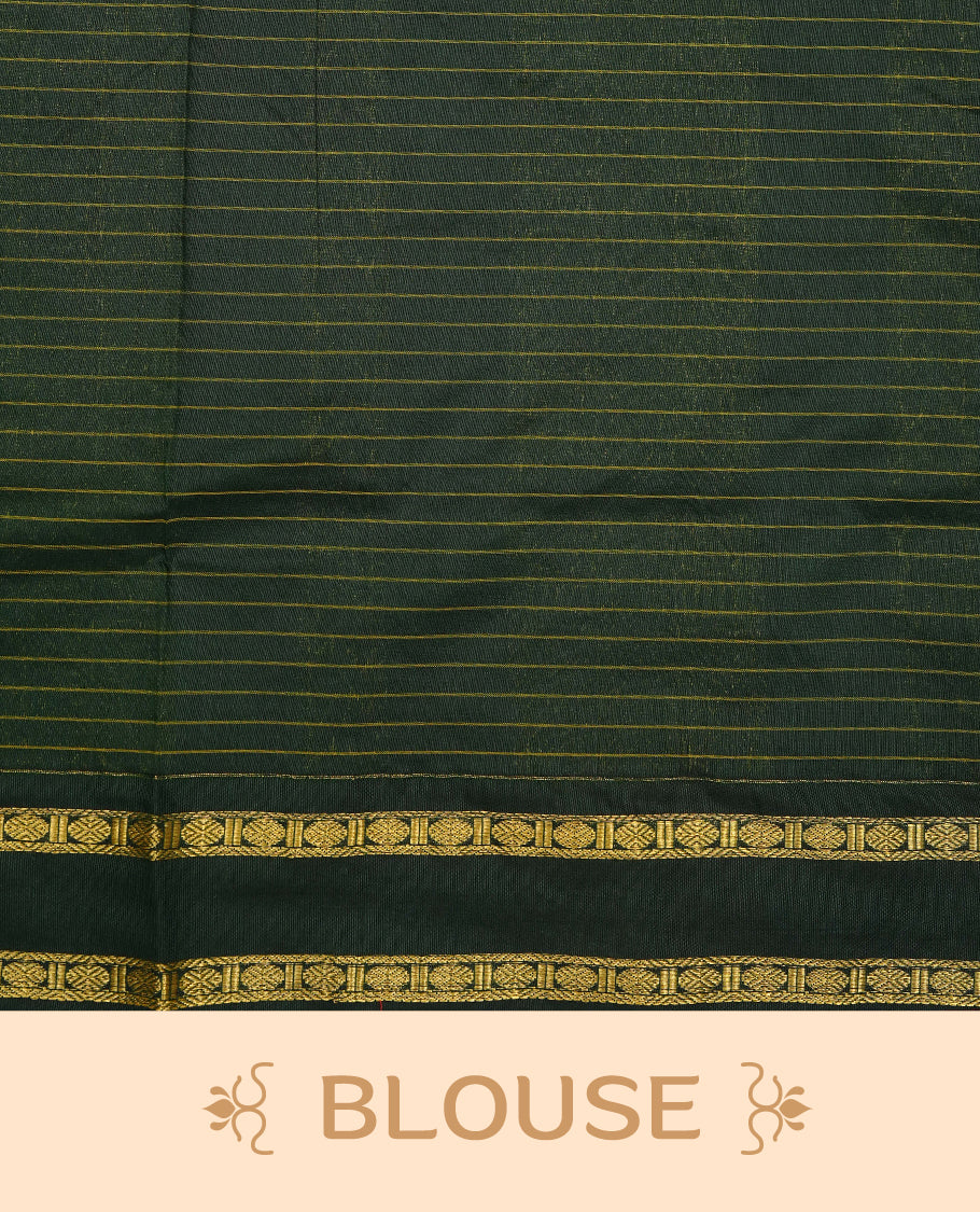 Maroon colour Kalyani cotton saree featuring Gold zari check pattern on body, complemented by Contrast Green colour with grand gold zari border & pallu, matching blouse piece