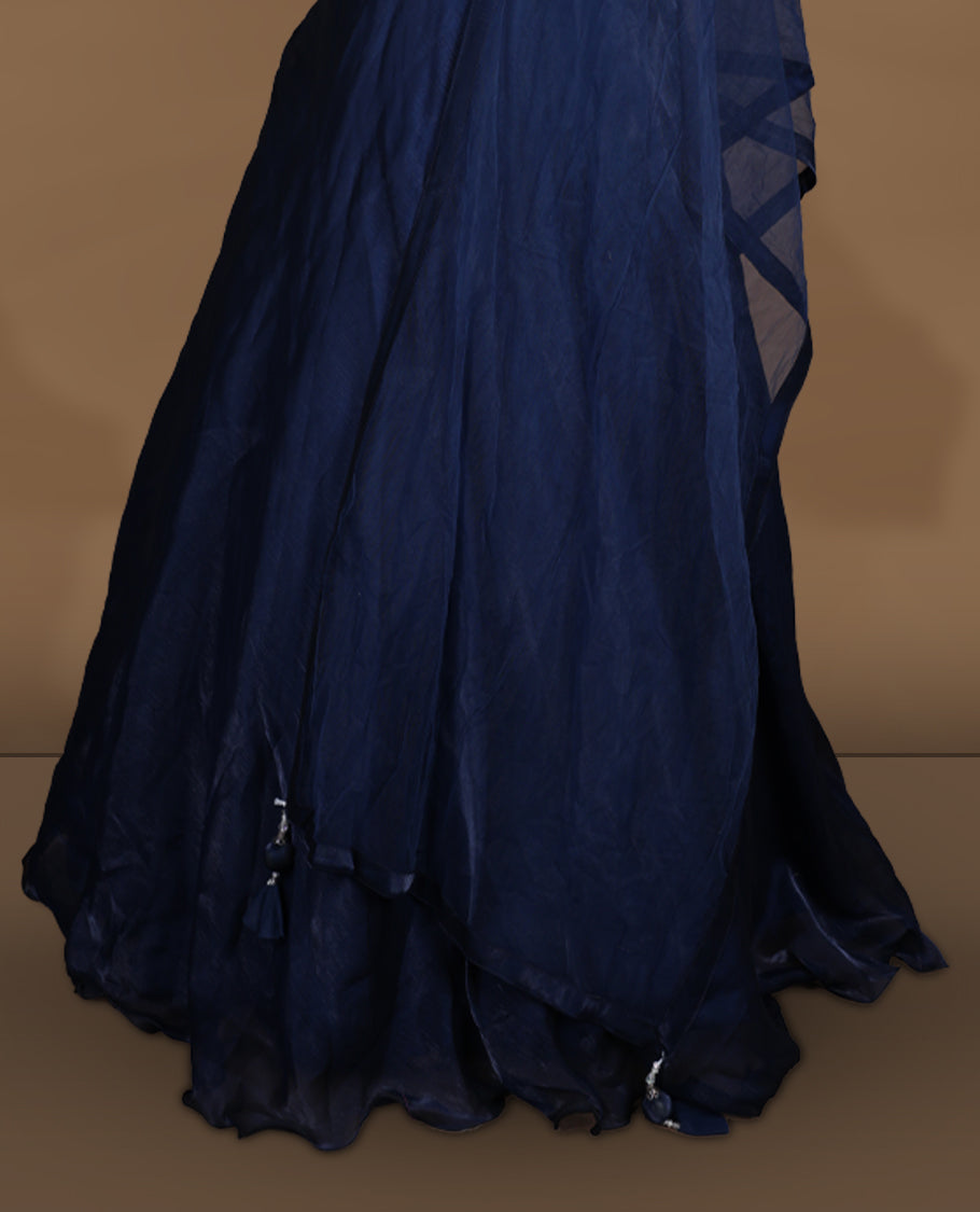 Navy blue colour Gown with stitched sleeveless embellished blouse featuring sheer yoke and waist detailing, matching stitched flared lehenga with tassel accents, and plain sheer dupatta.