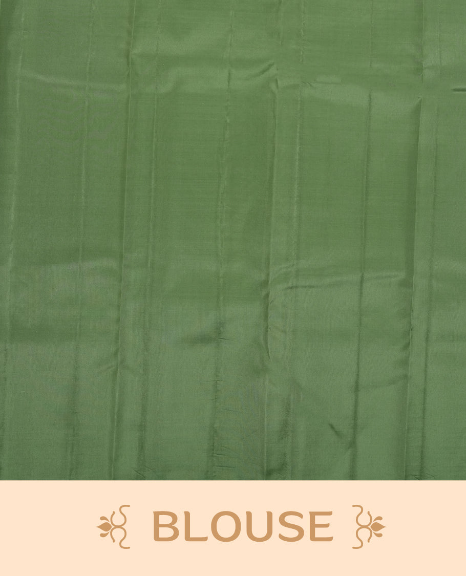 Dark pastel green colour semi soft silk saree featuring a self coloured patterned body, complemented by self coloured pallu & border and a matching blouse piece.