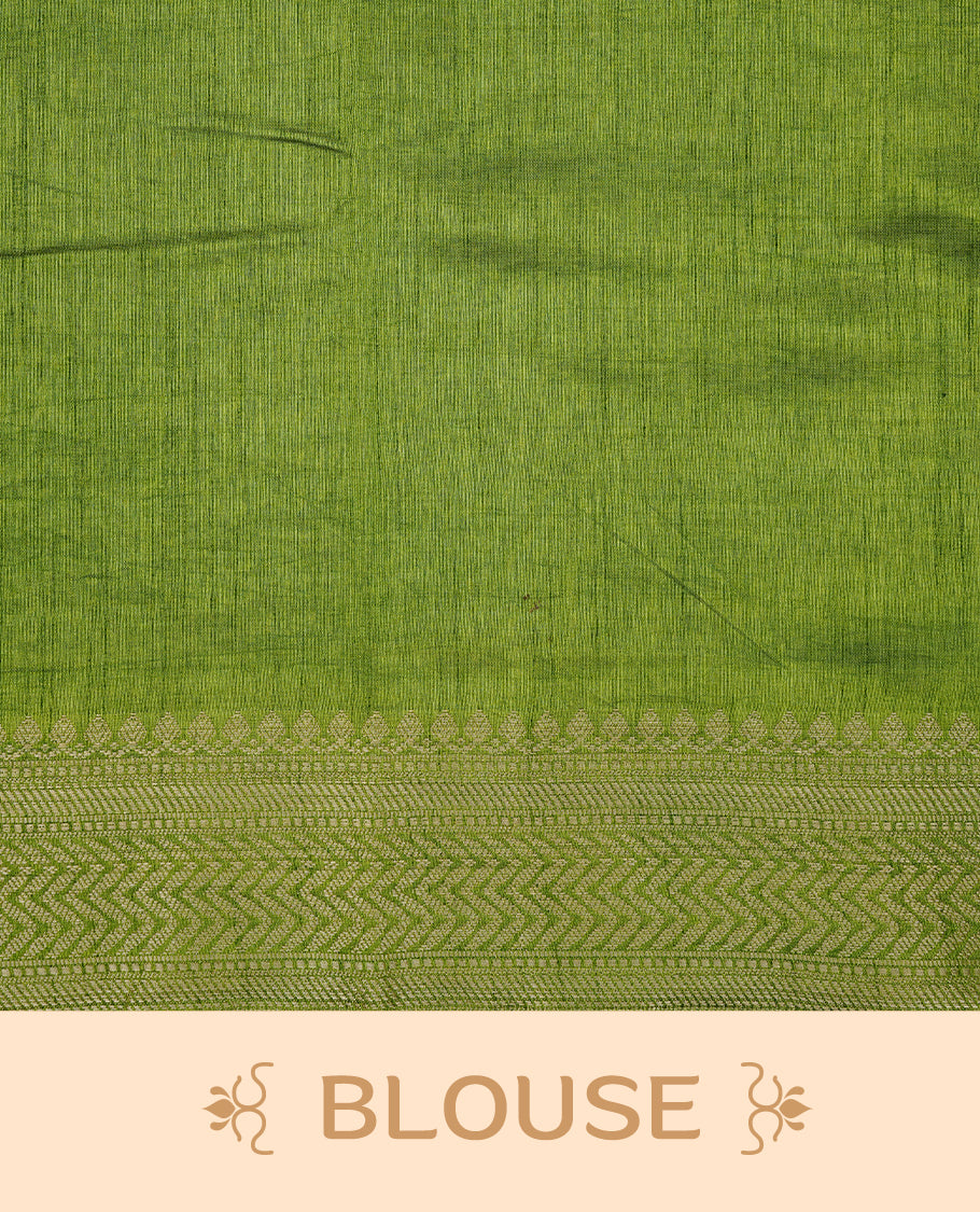 Cream colour Semi Tussar silk saree featuring an elegant plain body, accentuated by a contrast olive border adorned with intricate gold zigzag zari work, paired with a matching blouse piece.
