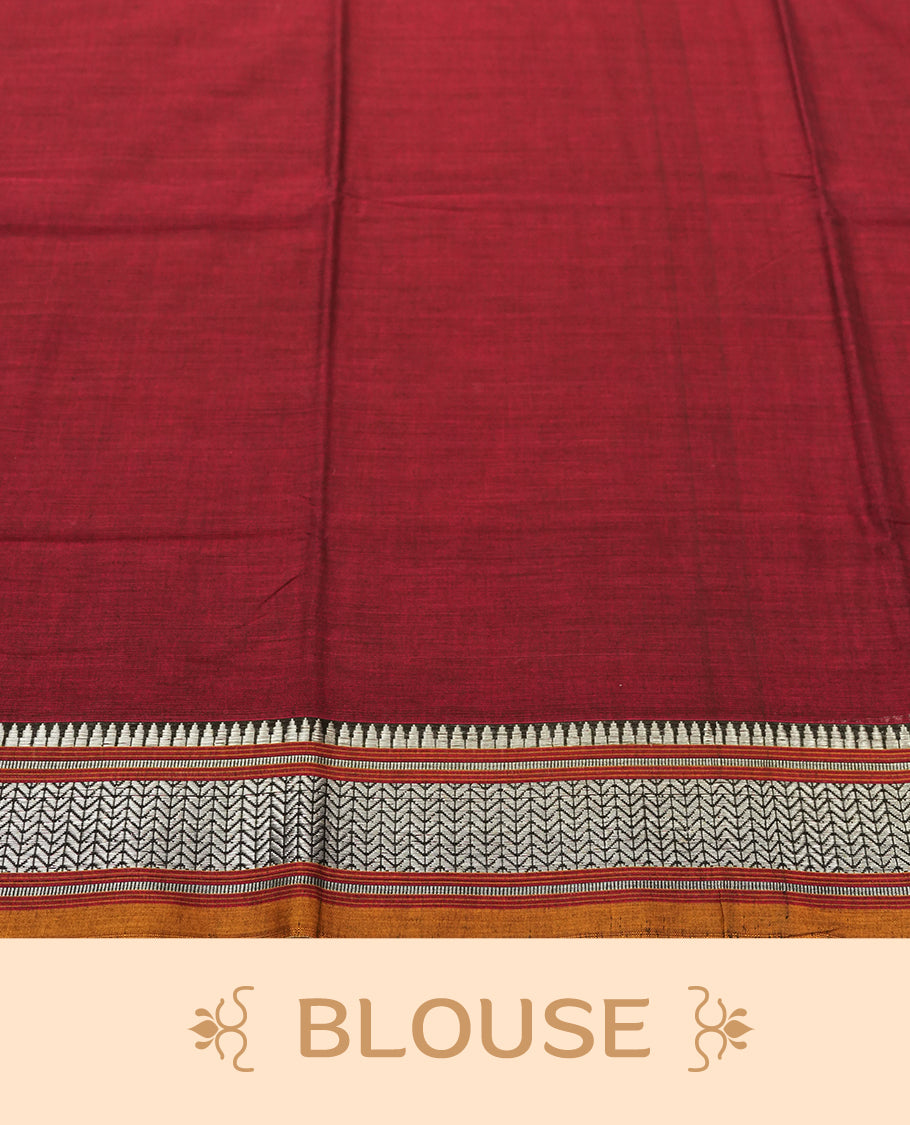 Dark Maroon colour Narayanapattu cotton saree featuring a self coloured body, yellow coloured with silver zari pattern border and pallu, pairing a matching blouse piece.