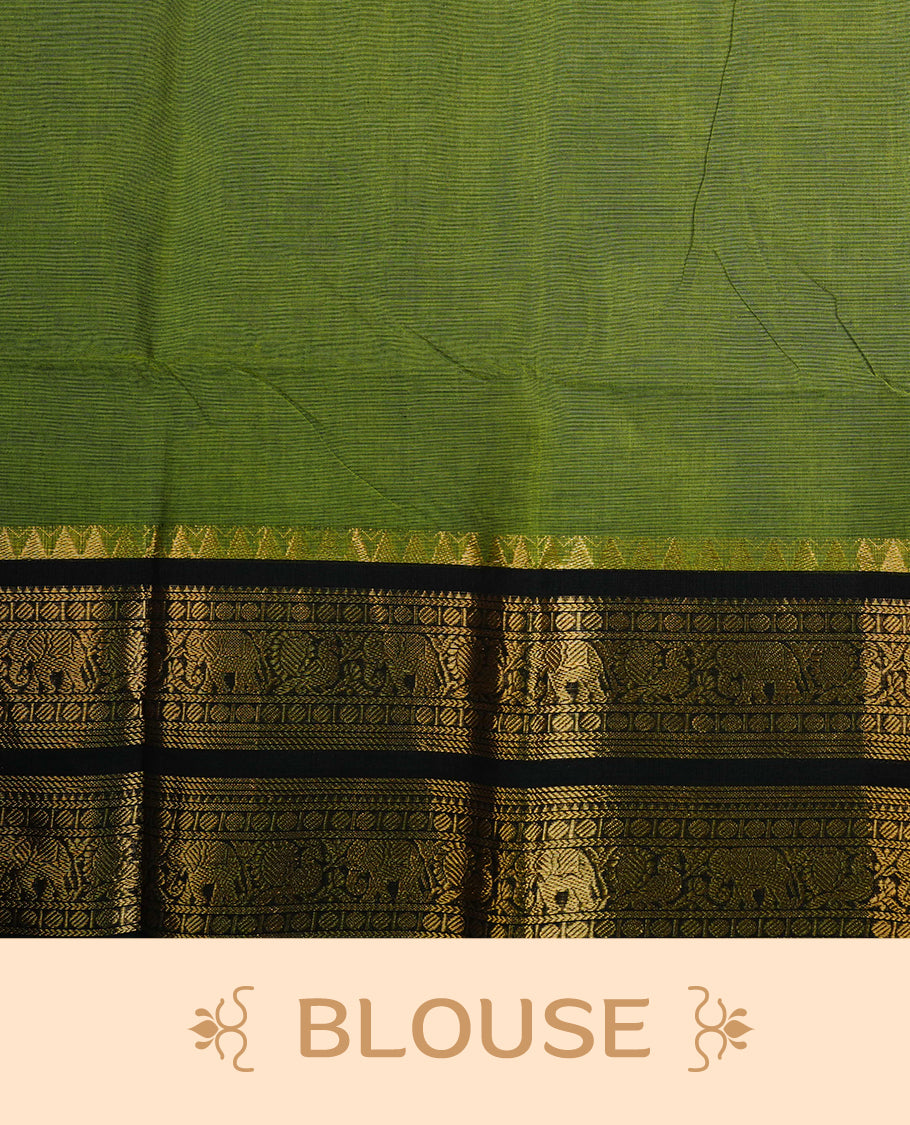 Green colour Chettinad cotton Featuring elegant plain body, complemented by contrast Black colour with gold zari border, paired with matching blouse piece.