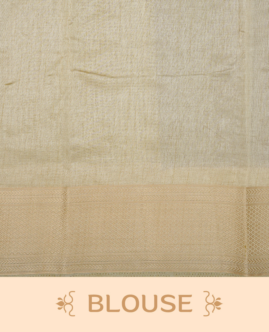 Deep Purple colour Semi Tussar silk saree featuring an elegant plain body, accentuated by a contrast cream border adorned with intricate gold zari work, paired with a matching blouse piece.