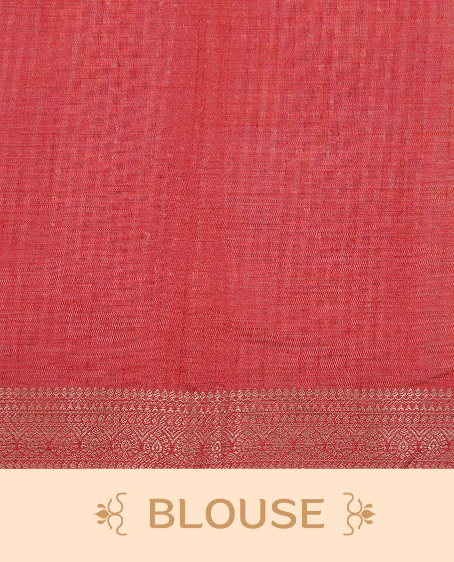 Cream colour Tussar silk saree Featuring Elegant Plain body, complemented by Contrast Red colour with gold zari border, paired with matching blouse piece.