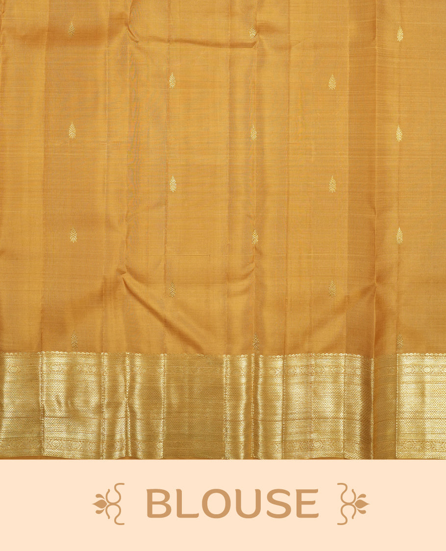 Gold colour Kanchipuram Samudrika Silk Saree featuring patterns weaving with gold zari jacquard and a traditional zari border, paired with a matching designer jacquard blouse piece