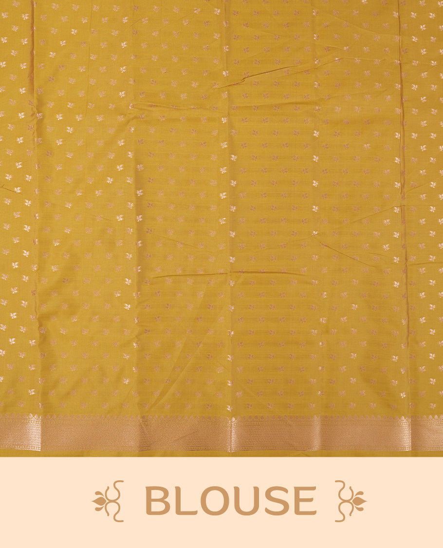 Mustard Yellow Semi Silk Saree with Matching Zari Woven Pallu and Border Featuring Subtle Floral Patterns, Tassel Detailing, and Coordinated Blouse Piece