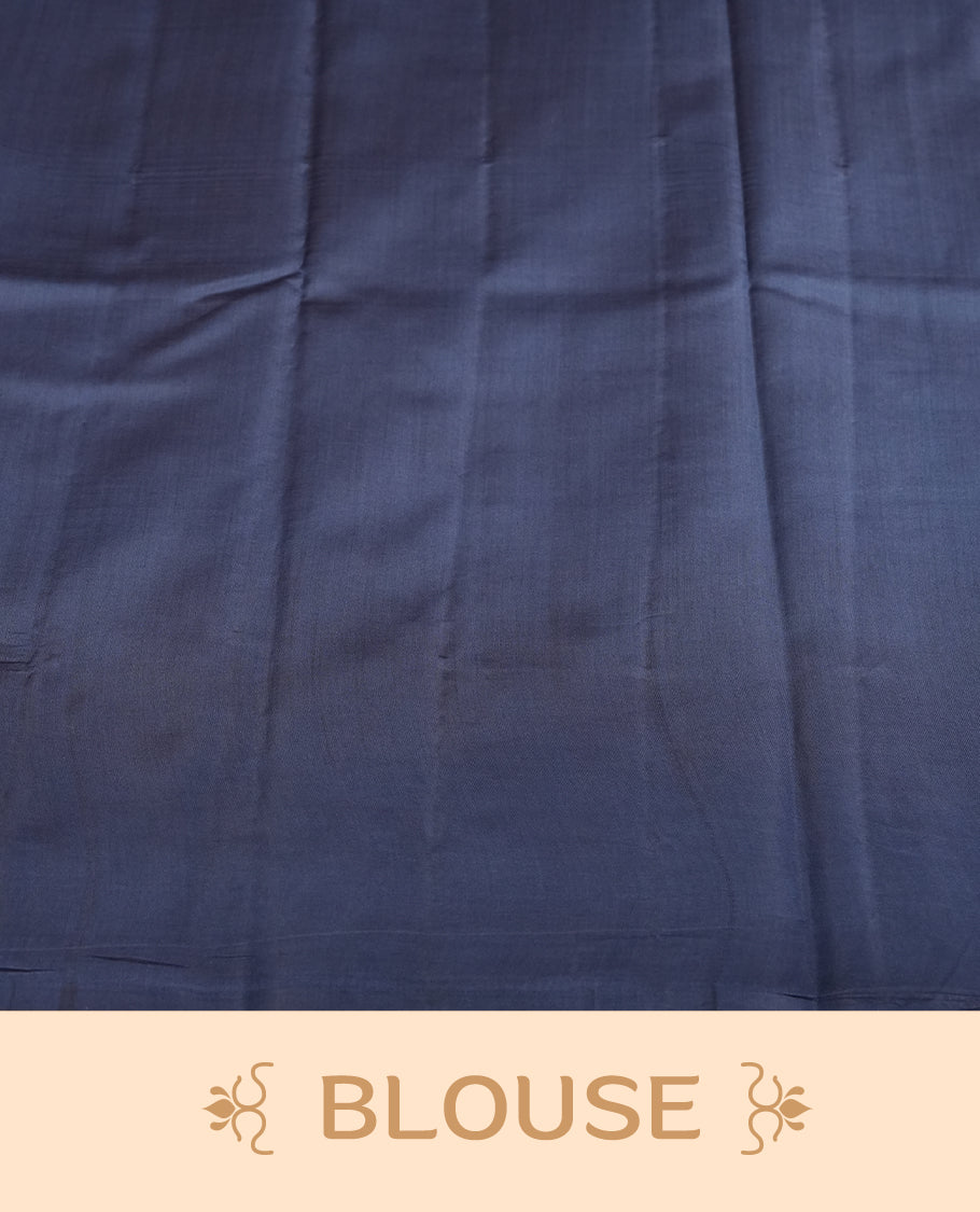 Pastel navy blue colour pure banarasi tussar soft silk saree adorned with delicate silver motifs all over the body, complemented by an intricate Banarasi style silver zari border & Comes with a matching blouse piece.