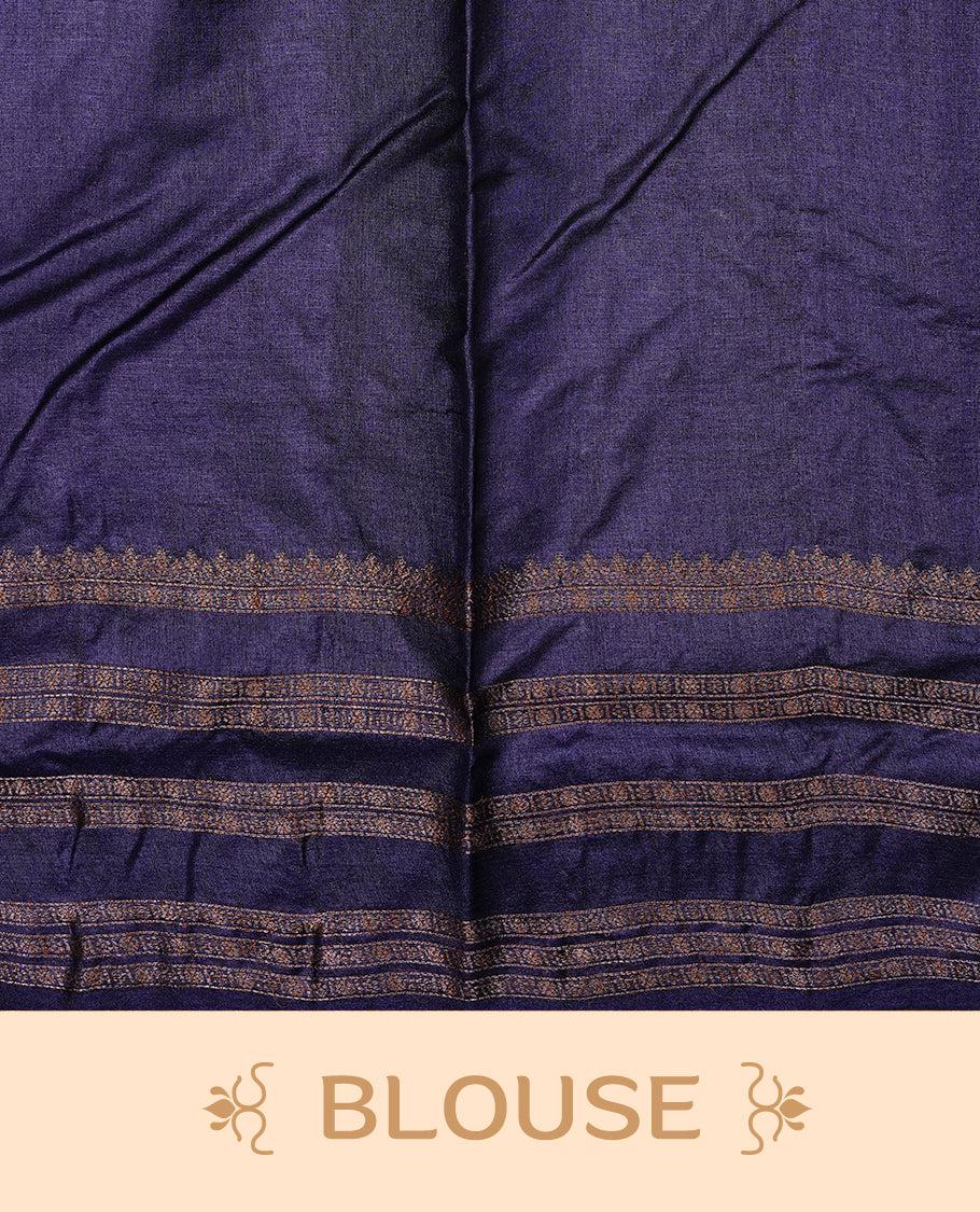 Golden Cream Colour Banaras tussar silk saree featuring Antique zari Motifs on body, Complemented by Violet colour variant with zari border, paired with matching blouse Piece.