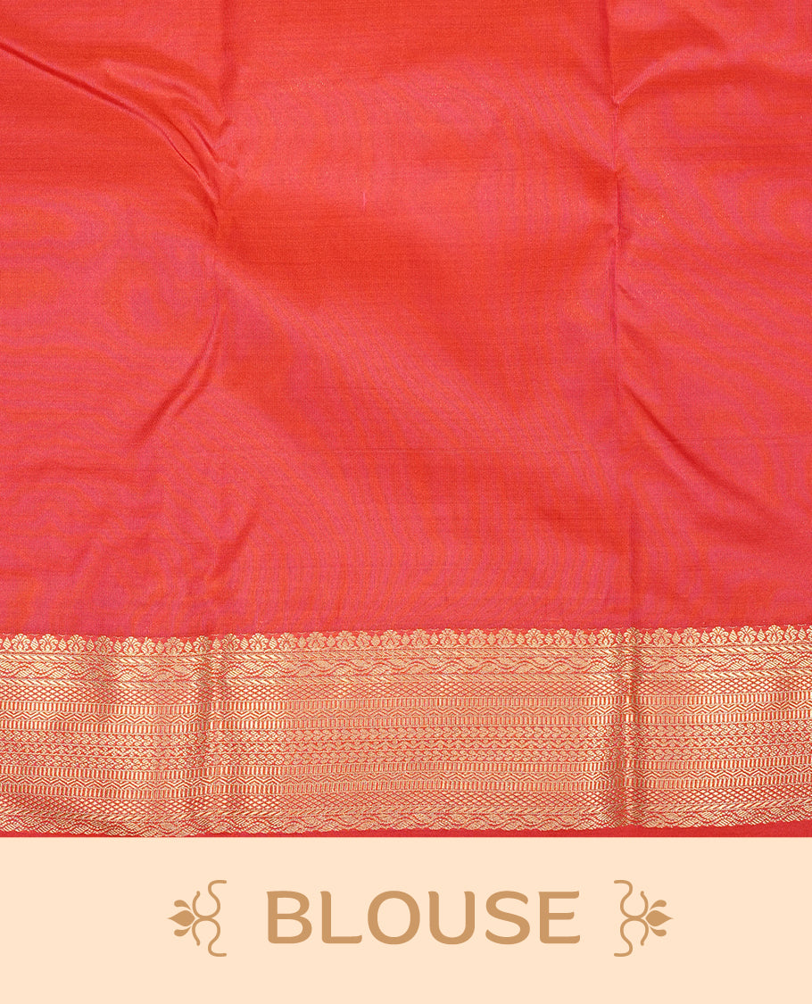 Red Semi Wedding Silk Saree featuring Gold Zari Motifs On body, Complemented with traditional zari with Self colour border, paired with matching blouse piece.