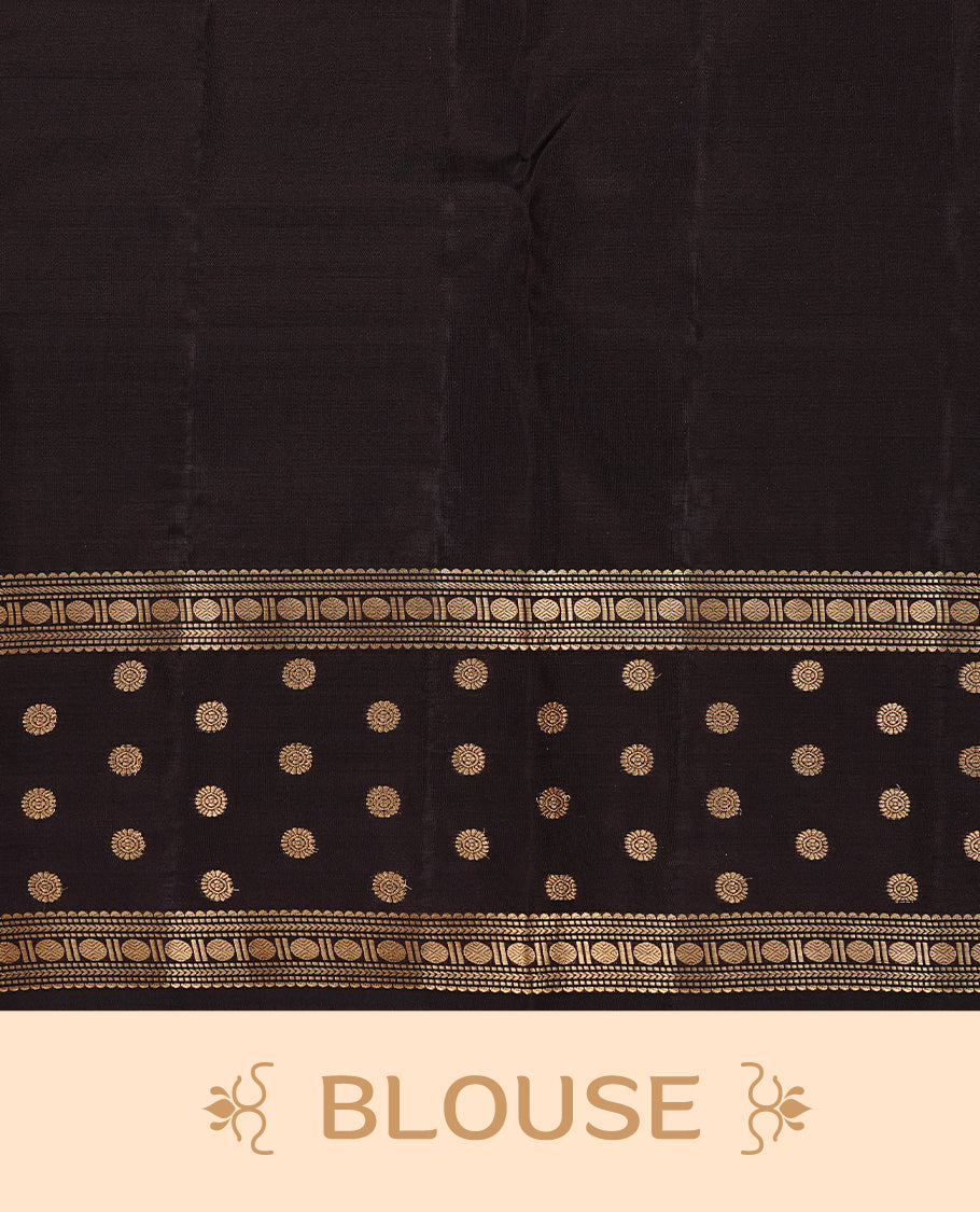 Maroon colour Traditional Kancheepuram silk saree featuring gold zari motifs on body, enhanced with contrast Dark Chocolate with traditional border, paired with matching blouse piece.