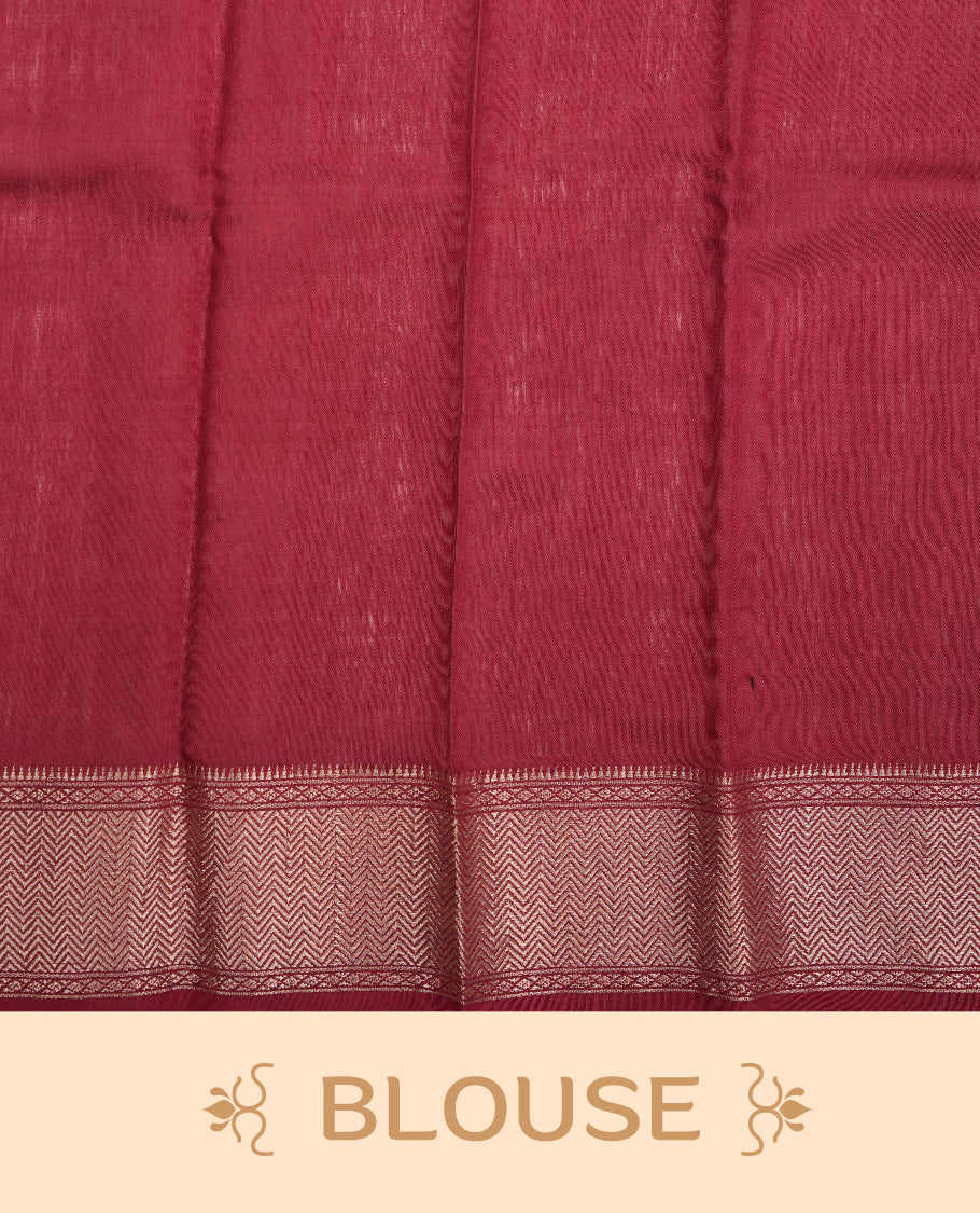 Brick Red colour Viscos semi printed saree featuring a light golden zari border, abstract off white printed motifs on the body, and comes with a matching blouse