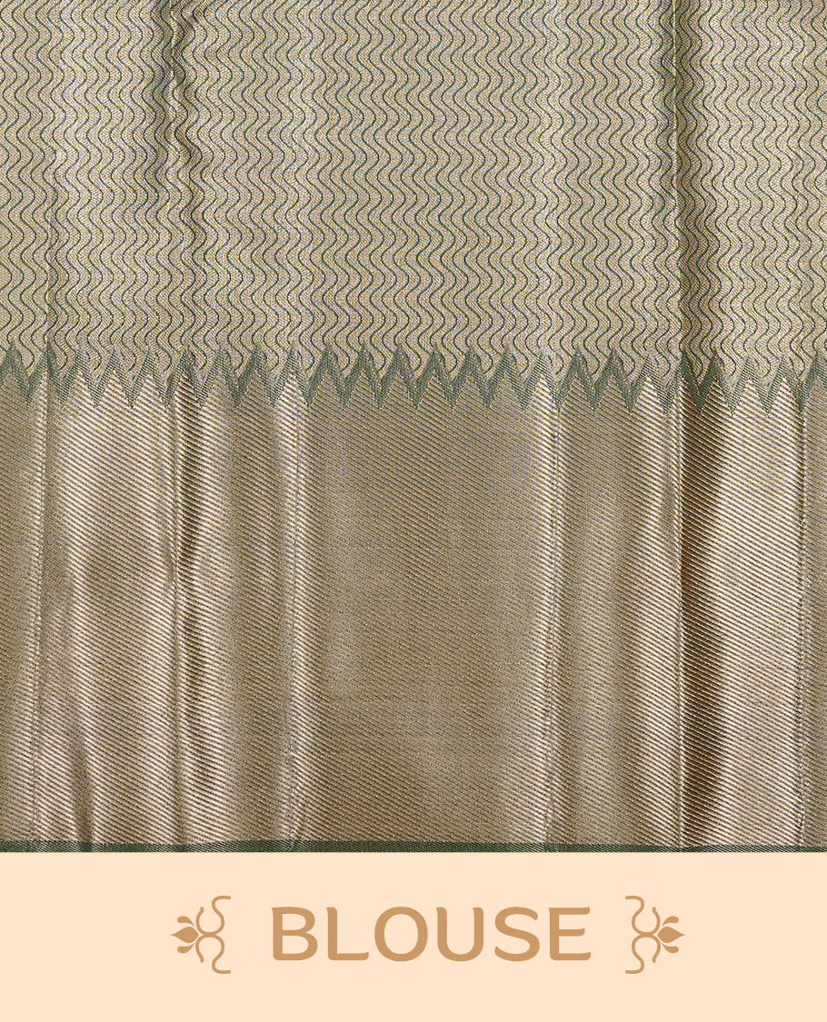 Light green colour Tissue silk saree featuring Gold & silver colour floral zari motifs on body, complemented by contrast Light green with gold zari border, paired with matching blouse piece.